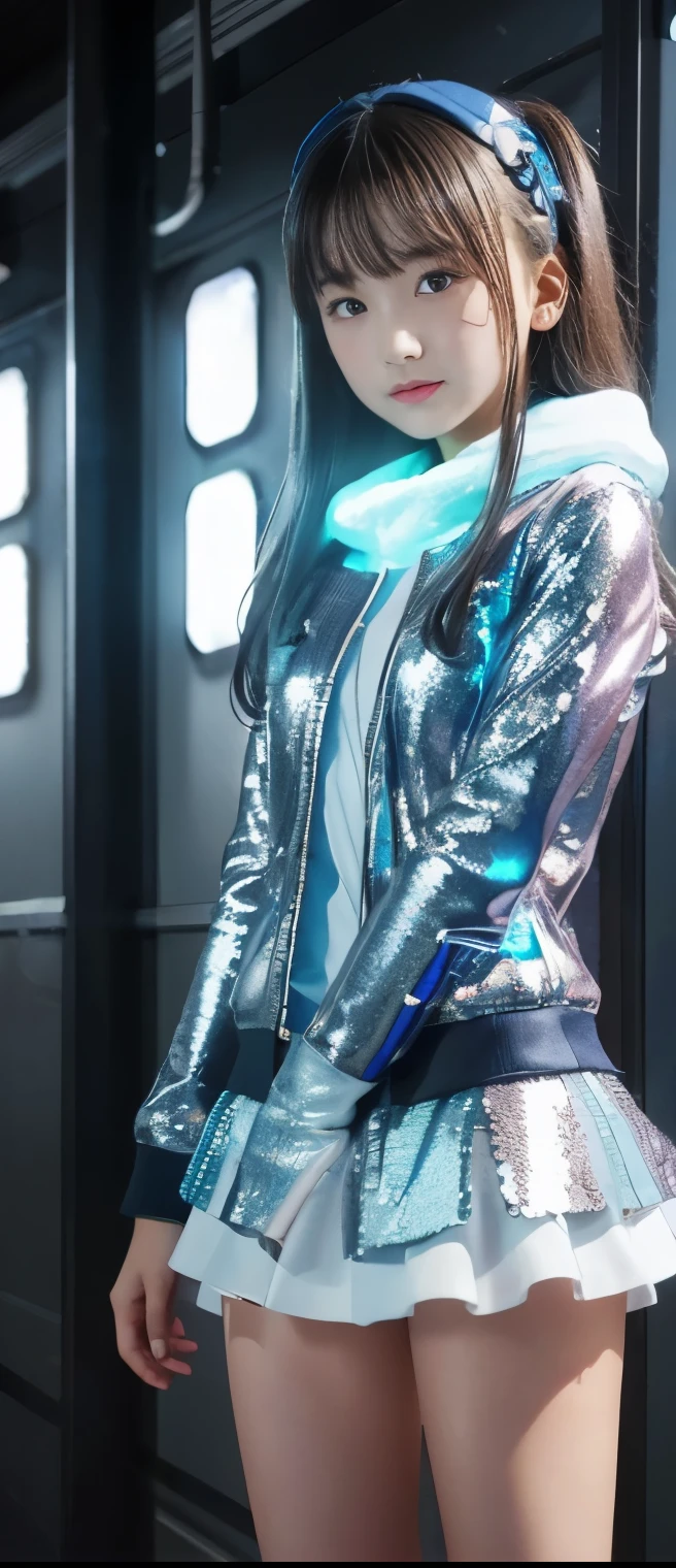 Cool Idol Girl 、A pure girl's face、 hypo、、Silver Sequin Mini Dress (pleated miniskirt)、 light blue jacket、Glowing Frost Saber、Winter Town