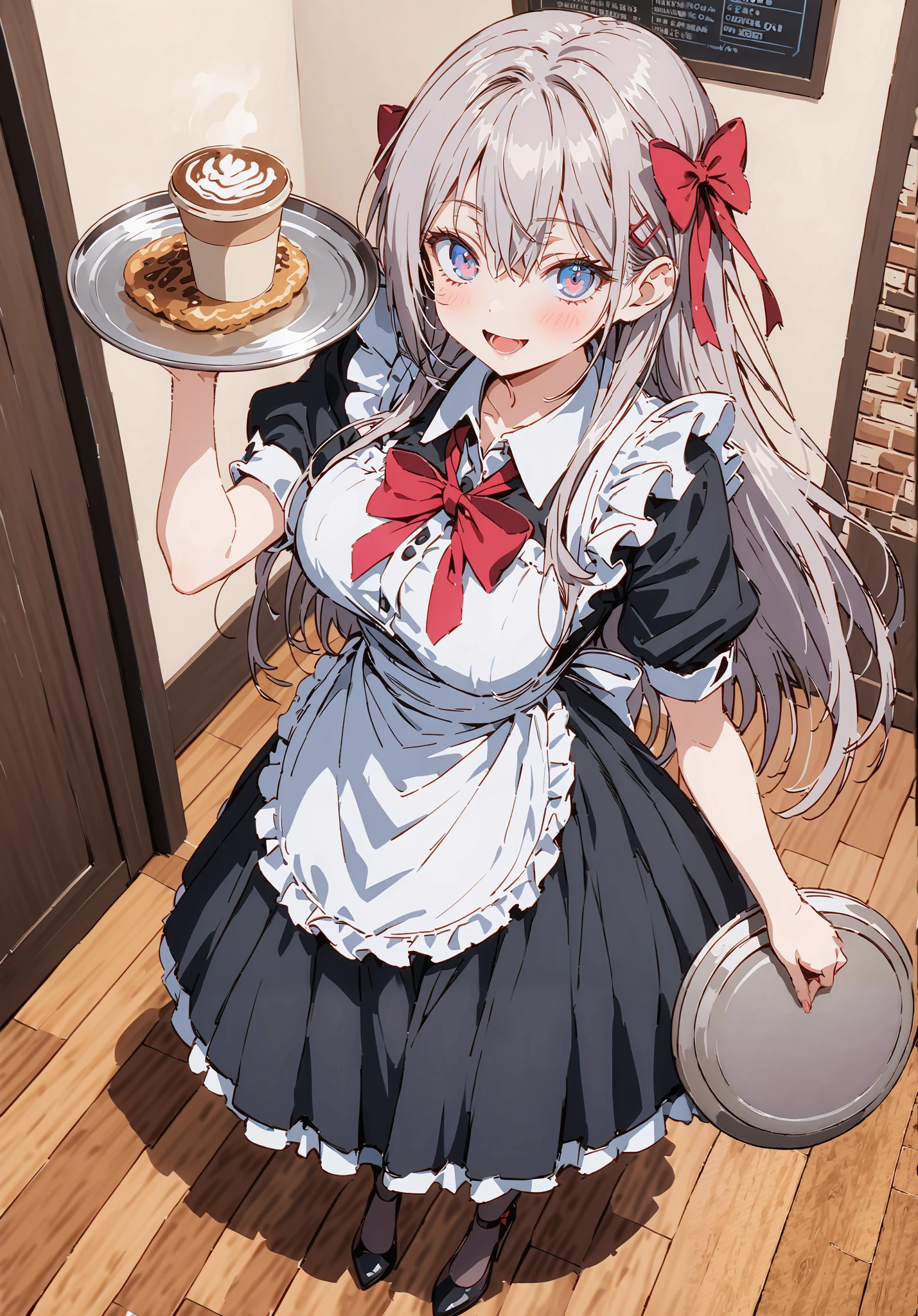 score_9, score_8_up, score_7_up, source_anime, Alisa Mikhailovna Kujo,Alone, long hair, bangs, blue eyes, hair bow, stupid hair, gray hair, red ribbon, smile,blush,open your mouth,Big Breasts,Maid服, Black long skirt, black pantyhose, stiletto heels,Maid head ドレス, Maid apron, Maid Dress,Maid, Maid outfit,Tray, Tray in one hand,standing,full bodyがイラストに入るように, break indoors, coffee shop,
break looking at viewer,full body,
break (masterpiece:1.2),TOP QUALITY , kampala, Unity 8K Wallpaper ,(shape:0.8),( fine, beautiful eyes :1.6),It's a person ,full body写真,CG Details , ( perfect hands,Complete Anatomy),