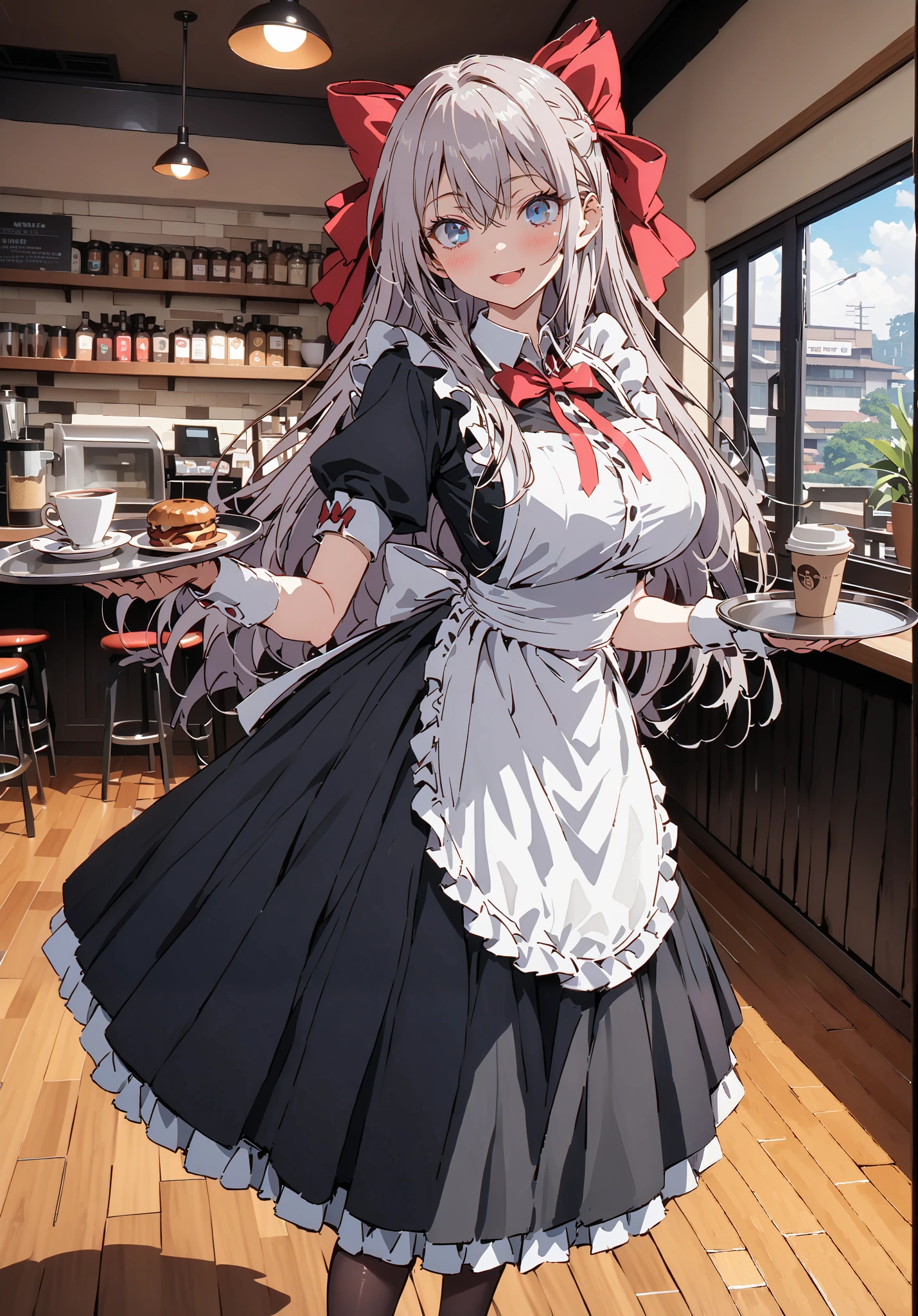 score_9, score_8_up, score_7_up, source_anime, Alisa Mikhailovna Kujo,Alone, long hair, bangs, blue eyes, hair bow, stupid hair, gray hair, red ribbon, smile,blush,open your mouth,Big Breasts,Maid服, Black long skirt, black pantyhose, stiletto heels,Maid head ドレス, Maid apron, Maid Dress,Maid, Maid outfit,Tray, Tray in one hand,standing,full bodyがイラストに入るように, break indoors, coffee shop,
break looking at viewer,full body,
break (masterpiece:1.2),TOP QUALITY , kampala, Unity 8K Wallpaper ,(shape:0.8),( fine, beautiful eyes :1.6),It's a person ,full body写真,CG Details , ( perfect hands,Complete Anatomy),