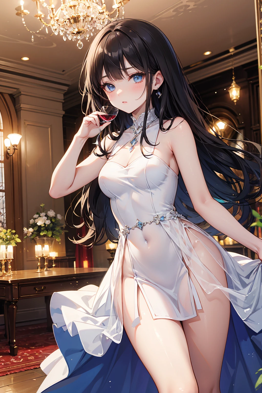 (Highest quality:1.2、Very detailed、up to date、vivid、Ultra-high resolution、High contrast、masterpiece:1.2、Highest quality、Best aesthetics)、Beautiful girl、Perfect body、blush、Closed lipakeup、((Beautiful breasts、tall、Slender Body、Small breasts))、Long silver hair、bangs、((embellished sexy dress))、((I am seducing you))、((logic))
