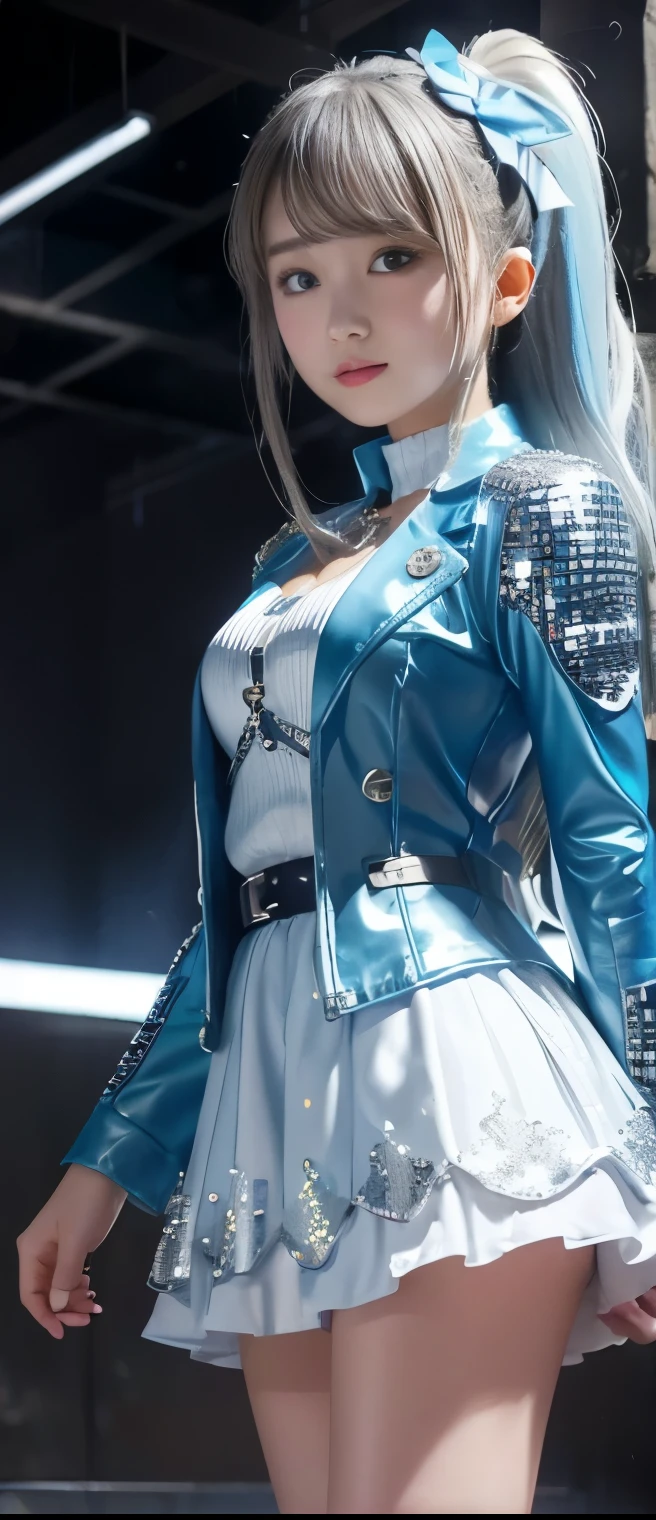 Cool Idol Knight Girl 、A pure girl's face、 hypo、、Silver Sequin Mini Dress (pleated miniskirt)、 light blue jacket、Glowing Frost Saber、Winter Town