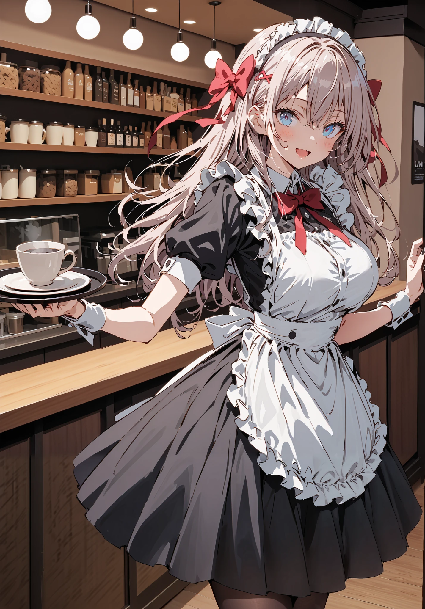 score_9, score_8_up, score_7_up, source_anime, Alisa Mikhailovna Kujo,Alone, long hair, bangs, blue eyes, hair bow, stupid hair, gray hair, red ribbon, smile,blush,open your mouth,Big Breasts,Maid服, Black long skirt, black pantyhose, stiletto heels,Maid head ドレス, Maid apron, Maid Dress,Maid, Maid outfit,Tray, Tray in one hand,standing,full bodyがイラストに入るように, break indoors, coffee shop,
break looking at viewer,full body,
break (masterpiece:1.2),TOP QUALITY , kampala, Unity 8K Wallpaper ,(shape:0.8),( fine, beautiful eyes :1.6),It's a person ,full body写真,CG Details , ( perfect hands,Complete Anatomy),