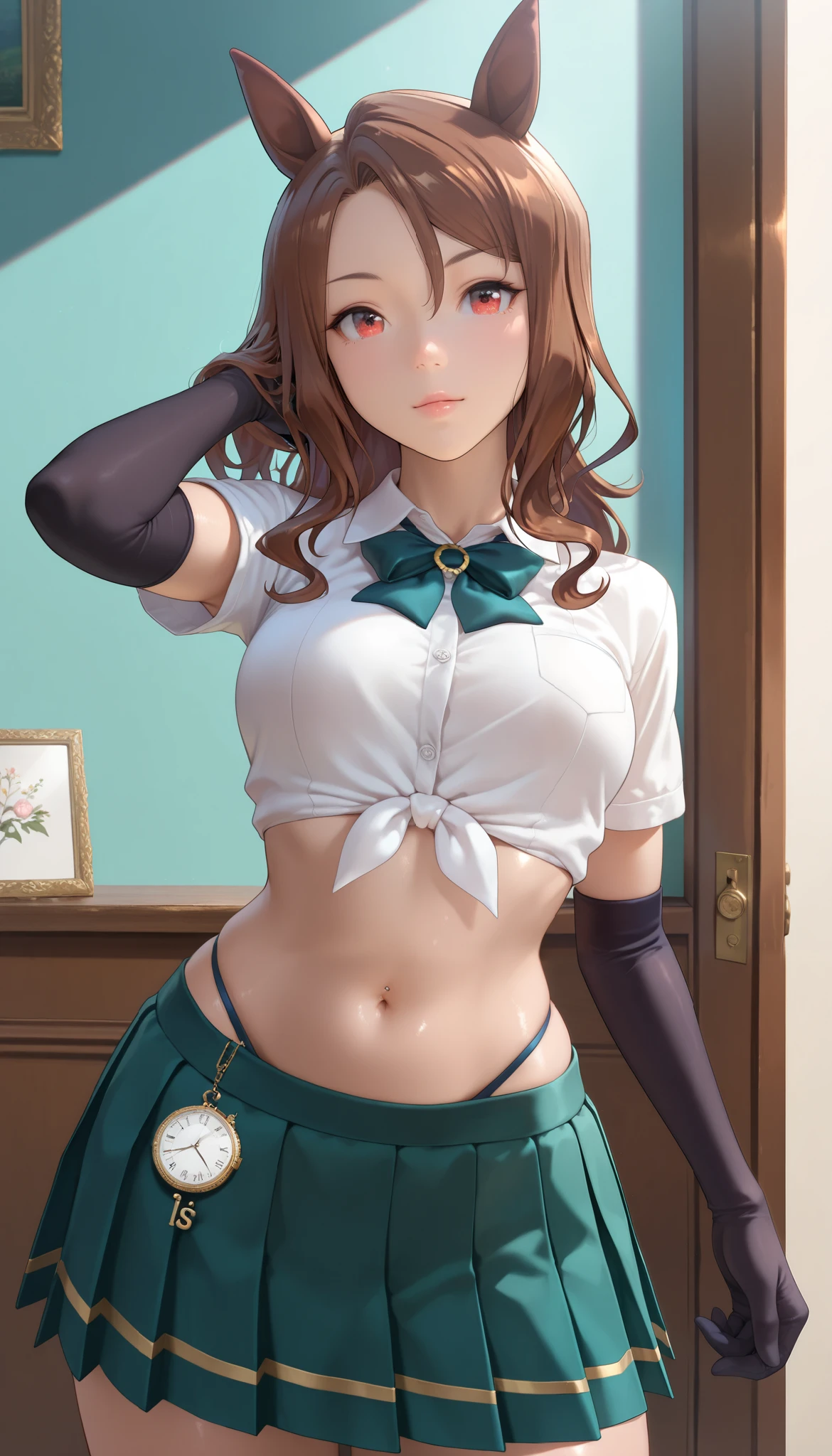 ( masterpiece), (TOP QUALITY), (Ultra High Definition), great quality, very aesthetic, 's illustration , perfect configuration, intricate details, is ridiculous, incredibly is ridiculous, shiny skin that is creating, realistic, , King Halo (Uma Musume), 1 girl, horse ears, Mahogany, watch viewers, school uniform,, bow tie,Chest,eyeliner, long hair,big hips, elbow gloves , Hand in Hair, piercing above spo,belly button,earrings, Floral ,high leg thong, skirt、-yeld gi(is short:1.5)
