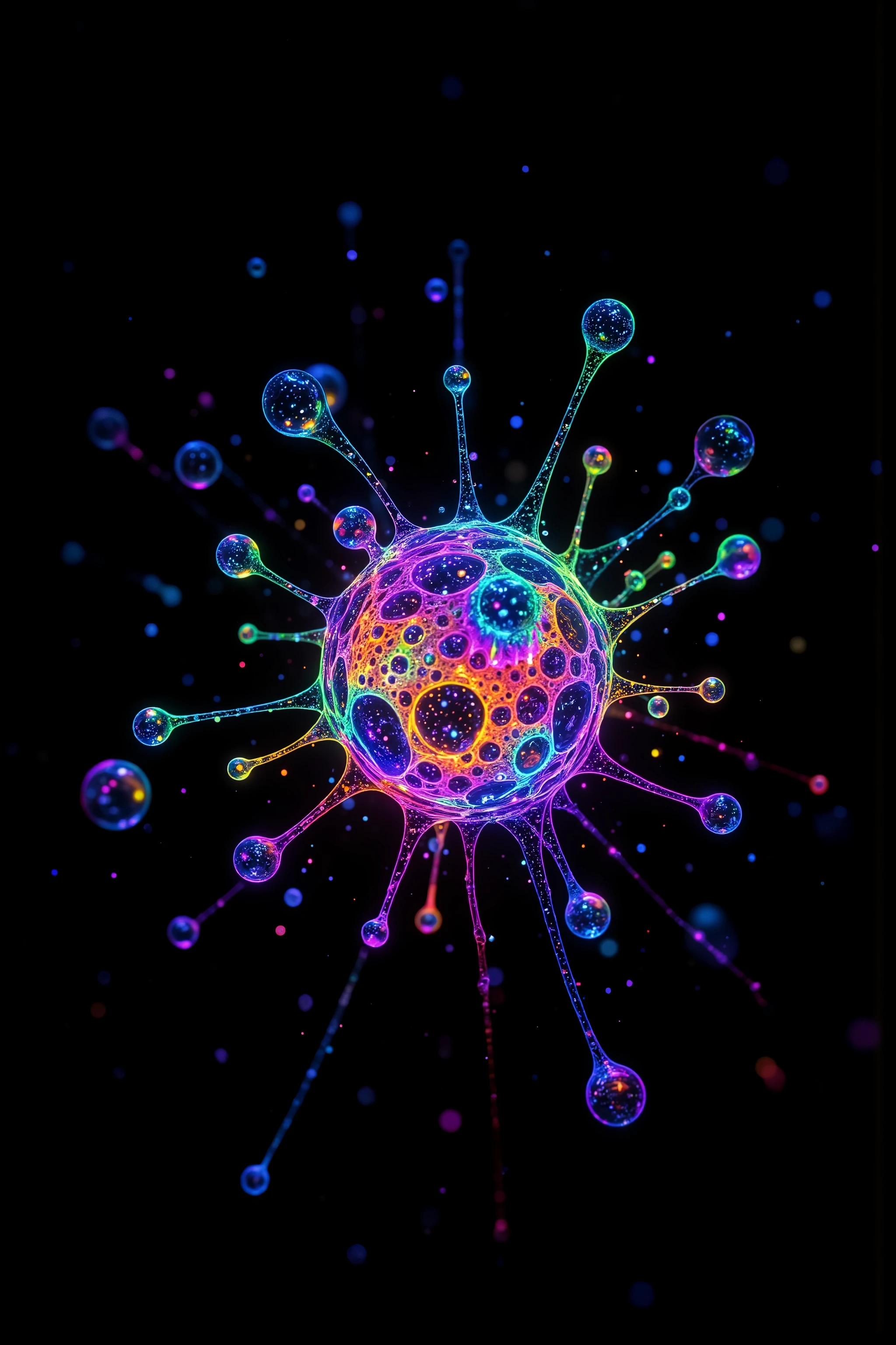 Extreme glow and shine reflect off glass orbs glass bubbles, in a room full of mirrors spheres full of fizzing neon colored liquid spill into reflective bubbles,and the mirrors reflect all the objects. Incorporate perfect symmetry and rotational symmetry. A psychedelic dream, vibrant colors shimmering, glass morphing from colors, intricate rainbow patterns twist in and out of objects while dripping into each other, perfectly formed symmetrical spheres and glowing reflective bubbles, extreme attention to detail on the bubbles and spheres, rainbows of color twist out of translucent orbs, spilled paint and spirals of swirling color in the background, beautiful psychedelic digital art, pixel art, neon colors, 4d mandelbulb psychedelics, glass-like psychedelic landscape, intricate rainbow environment, psychedelic underwater brightness, trails of color and light, bright fluorescent colors, psychedelic vibrant colors, bright psychedelic neon colors, colorful paint drips out of the bubbles, 3D glass spheres melting into each other spilling out colors, visually disorienting, hallucination inducing, optical illusions, startling, stunning images, awe-inspiringly, best quality wallpaper, pixel assets, portrait photography, surrealism, photorealistic, hyper detailed, glass morphism, digital art, sparkle, optical illusion, glowing light, reflection light, overexposure, god rays backlighting, depth of field, rotational symmetry, UHD, high details, high quality, super detailed, best quality, award winning, Masterpiece. Spheres reflecting light everywhere and it brings out images and optical illusions for the viewer's disorienting experience of looking at it. Super bright neon Colors.** incorporate bright neon green, neon blue, neon purple, neon yellow, &blood red**Extreme glow and shine reflect.