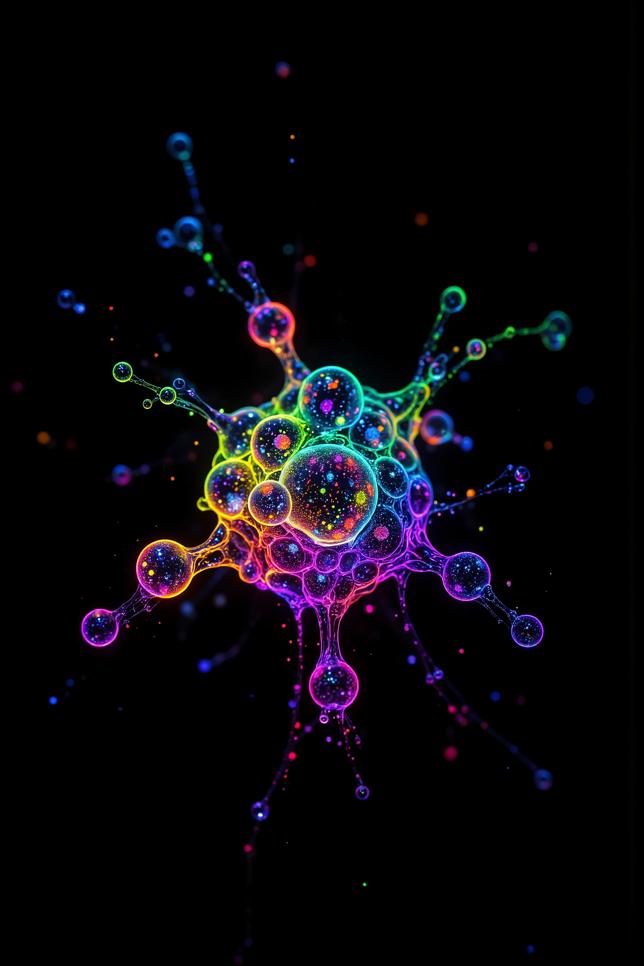 Extreme glow and shine reflect off glass orbs glass bubbles, in a room full of mirrors spheres full of fizzing neon colored liquid spill into reflective bubbles,and the mirrors reflect all the objects. Incorporate perfect symmetry and rotational symmetry. A psychedelic dream, vibrant colors shimmering, glass morphing from colors, intricate rainbow patterns twist in and out of objects while dripping into each other,  perfectly formed symmetrical spheres and glowing reflective bubbles, extreme attention to detail on the bubbles and spheres, rainbows of color twist out of translucent orbs, spilled paint and spirals of swirling color in the background, beautiful psychedelic digital art, pixel art, neon colors, 4d mandelbulb psychedelics, glass-like psychedelic landscape, intricate rainbow environment, psychedelic underwater brightness, trails of color and light, bright fluorescent colors, psychedelic vibrant colors, bright psychedelic neon colors, colorful paint drips out of the bubbles, 3D glass spheres melting into each other spilling out colors, visually disorienting, hallucination inducing, optical illusions, startling, stunning images, awe-inspiringly, best quality wallpaper, pixel assets, portrait photography, surrealism, photorealistic, hyper detailed, glass morphism, digital art, sparkle, optical illusion, glowing light, reflection light, overexposure, god rays backlighting, depth of field, rotational symmetry, UHD, high details, high quality, super detailed, best quality, award winning, Masterpiece. Spheres reflecting light everywhere and it brings out images and optical illusions for the viewer's disorienting experience of looking at it. Super bright neon Colors.** incorporate bright neon green, neon blue, neon purple, neon yellow, &blood red**Extreme glow and shine reflect.