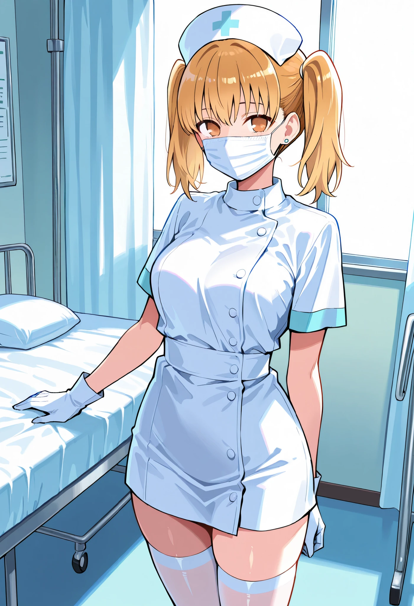 1 female, alone, nurse, nurse cap, white clothes, ((white legwear, zettai ryouiki)), white gloves, blonde hair, blue eyes, ((white surgical mask, covered nose)), Are standing, ((hospital room)), sharp outline, short sleeve, mature woman, 35 years old, highest quality, masterpiece