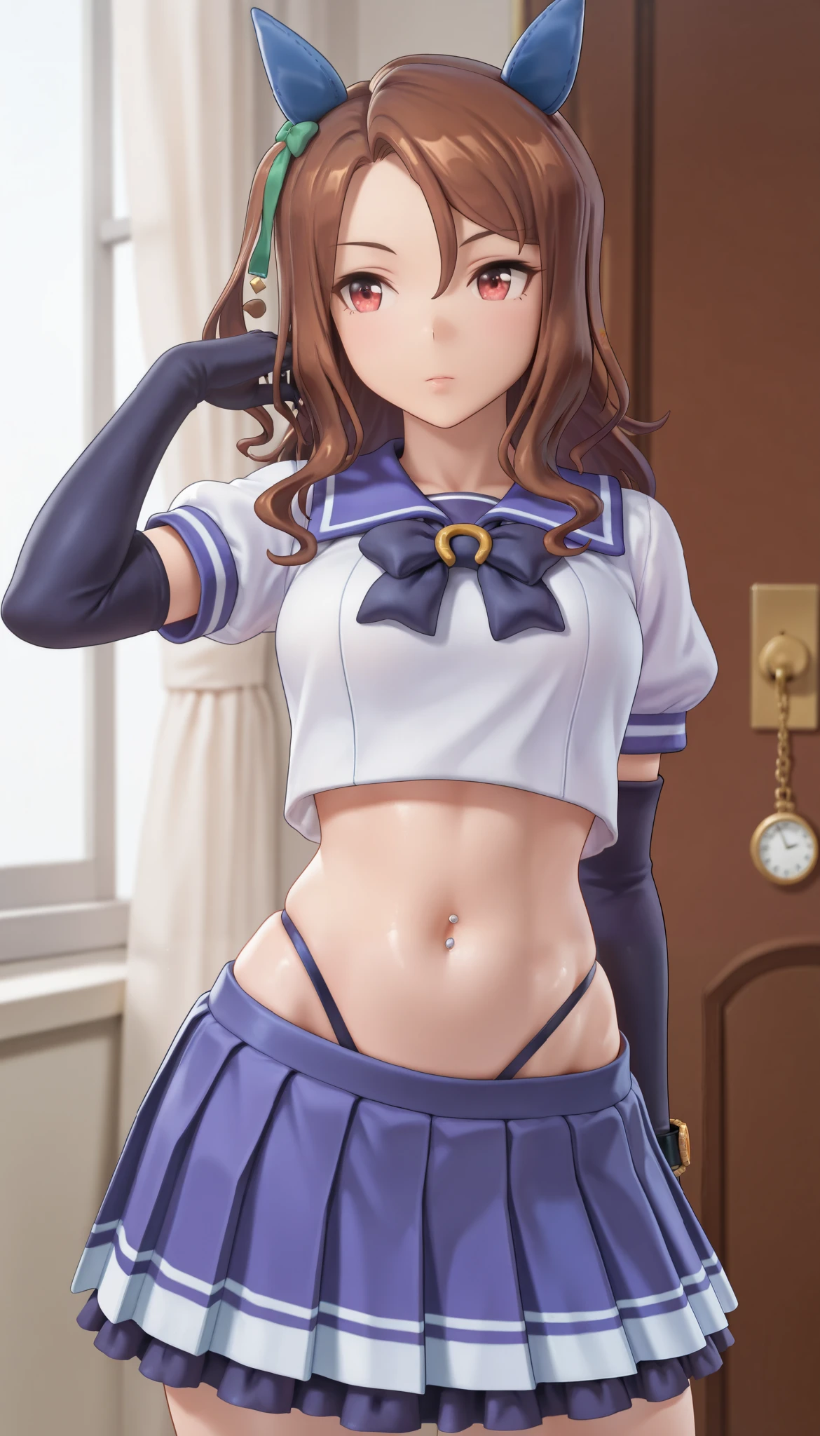 ( masterpiece), (TOP QUALITY), (Ultra High Definition), great quality, very aesthetic, 's illustration , perfect configuration, intricate details, is ridiculous, incredibly is ridiculous, shiny skin that is creating, realistic, , King Halo (Uma Musume), 1 girl, horse ears, Mahogany, watch viewers, school uniform,, bow tie,Chest,eyeliner, long hair,big hips, elbow gloves , Hand in Hair, piercing above spo,belly button,earrings, Floral ,high leg thong, skirt、15-year-old girl、(is short:1.5)