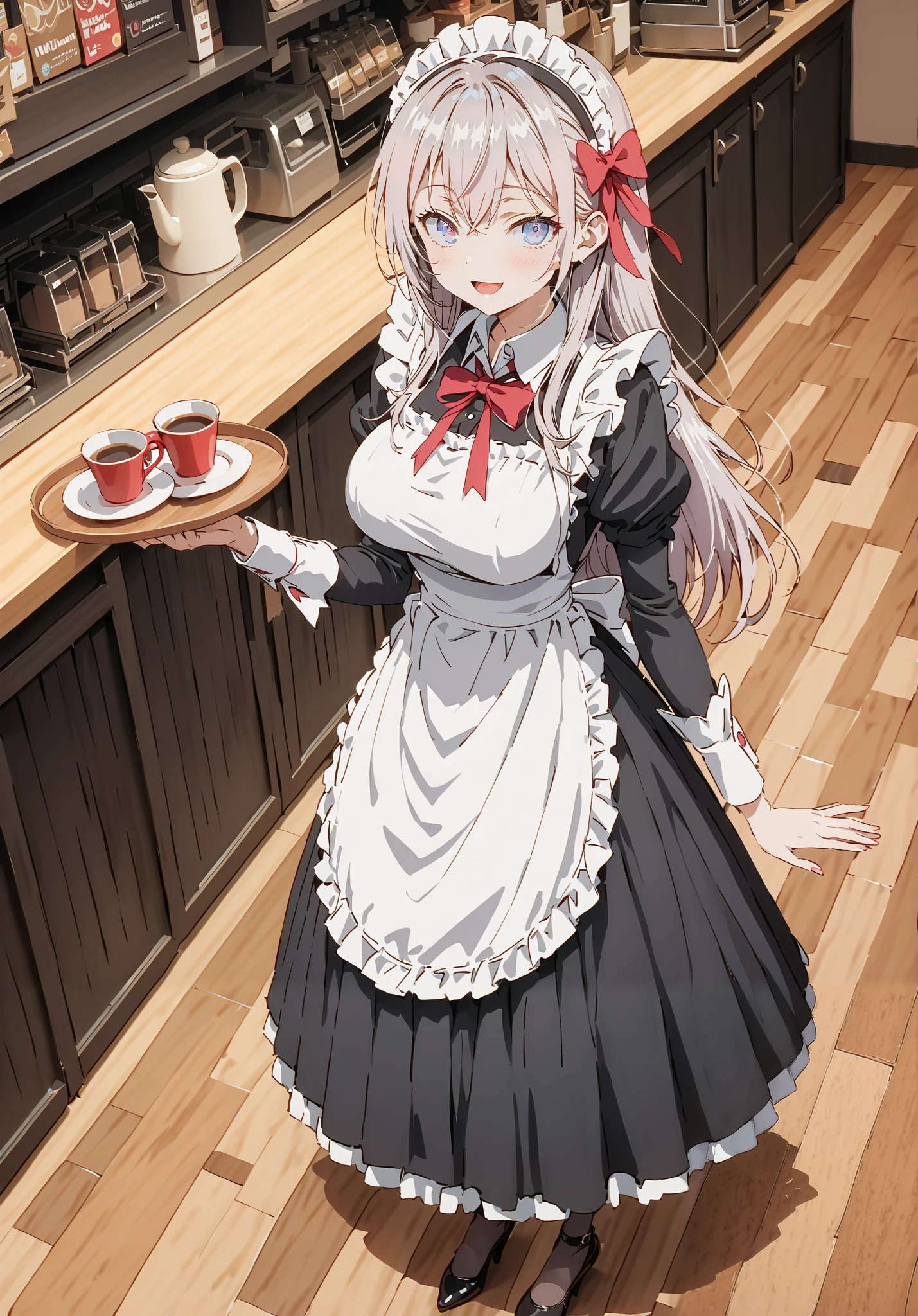 score_9, score_8_up, score_7_up, source_anime, Alisa Mikhailovna Kujo,Alone, long hair, bangs, blue eyes, hair bow, stupid hair, gray hair, red ribbon, smile,blush,open your mouth,Big Breasts,Maid服, Black long skirt, black pantyhose, stiletto heels,Maid head ドレス, Maid apron, Maid Dress,Maid, Maid outfit,Tray, Tray in one hand,standing,full bodyがイラストに入るように, break indoors, coffee shop,
break looking at viewer,full body,
break (masterpiece:1.2),TOP QUALITY , kampala, Unity 8K Wallpaper ,(shape:0.8),( fine, beautiful eyes :1.6),It's a person ,full body写真,CG Details , ( perfect hands,Complete Anatomy),