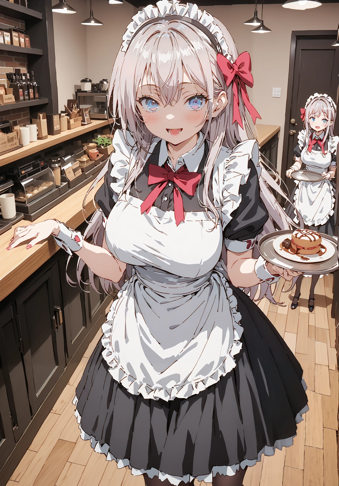  score_9,  score_8_up,  score_7_up,  source_anime,  Alisa Mikhailovna Kujo,Alone,  long hair, bangs,  blue eyes,  hair bow, stupid hair, gray hair,  red ribbon, smile,blush,open your mouth,Big Breasts,Maid服, Black long skirt, black pantyhose, stiletto heels,Maid head ドレス, Maid apron, Maid Dress,Maid, Maid outfit,Tray, Tray in one hand,standing,full bodyがイラストに入るように,                                               break indoors, coffee shop,
break looking at viewer,full body,
break (masterpiece:1.2),TOP QUALITY , kampala, Unity 8K Wallpaper ,(shape:0.8),(  fine, beautiful eyes  :1.6),It's a person ,full body写真,CG Details , ( perfect hands,Complete Anatomy),