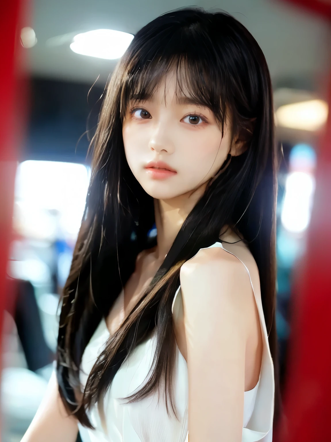 best qualtiy,tmasterpiece,超高分辨率,(Fidelity:1.4),RAW photogr,1girll,cropped shoulders,cinmatic lighting,Korean style thin bangs,Background living room,long whitr hair,full bodyesbian