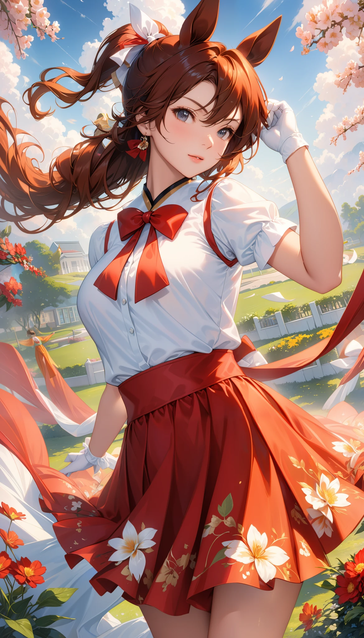 ( masterpiece), (TOP QUALITY), (Ultra High Definition), great quality, very aesthetic, 's illustration , perfect configuration, intricate details, is ridiculous, incredibly is ridiculous, shiny skin that is creating, realistic, , King Halo (Uma Musume), 1 girl, horse ears, Mahogany, watch viewers, school uniform,, bow tie,Chest,eyeliner, long hair,big hips, elbow gloves , Hand in Hair, piercing above spo,belly button,earrings, Floral ,high leg thong, skirt、-yeld gi(is short:1.5)