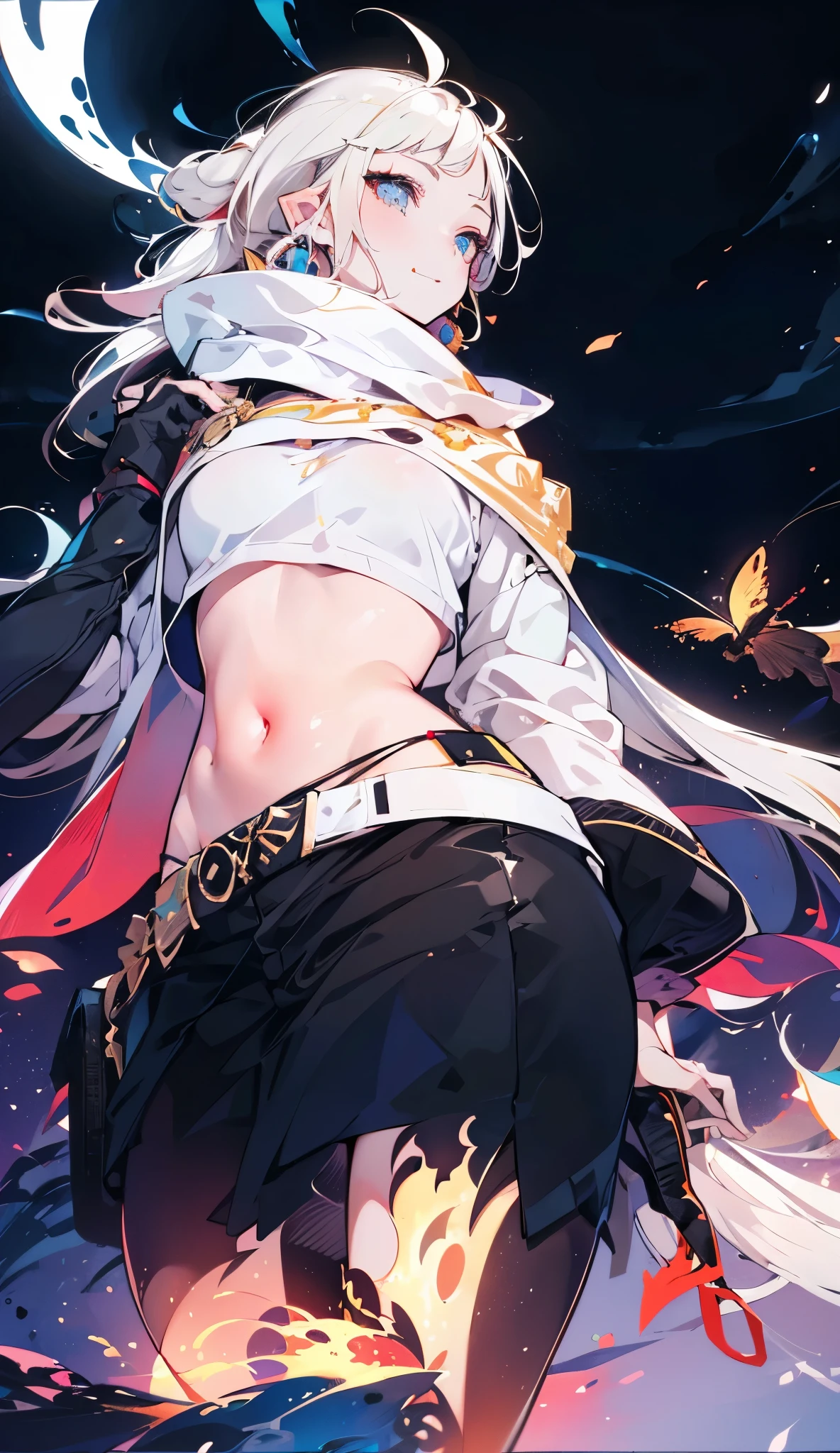 very long black scarf, night, dark, (Fantasy),Infinite, deep blue sky, ((masterpiece)), (((best quality))),((beautiful detailed eyes)),(eyelash), (1 girl), white hair, long hair, abyss eyes, Shiny skin, small breast, Wearing Rags of cloth, Tzeentch,elf, extremely detailed CG unity 8k wallpaper,masterpiece, ((ultra-detailed)), ((illustration)), colorful,wallpaper, energy, Unknown terror, garras, Around the magic, magic surrounds, book, pages flying all over the sky, Know it all, Predicting the Future, Know the past, Infinite wisdom,Magical Circle, Pentagram em sua testa, incantation, mantra, full body, thicc coxas