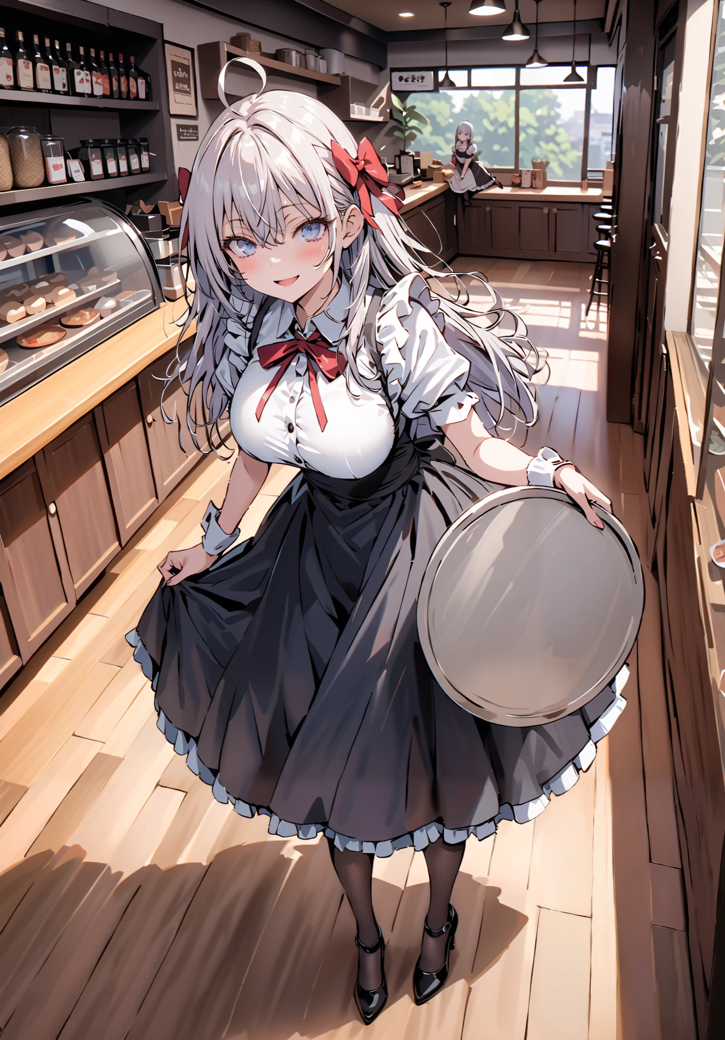 score_9, score_8_up, score_7_up, source_anime, Alisa Mikhailovna Kujo,Alone, long hair, bangs, blue eyes, hair bow, stupid hair, gray hair, red ribbon, smile,blush,open your mouth,Big Breasts,Maid服, Black long skirt, black pantyhose, stiletto heels,Maid head ドレス, Maid apron, Maid Dress,Maid, Maid outfit,Tray, Tray in one hand,standing,full bodyがイラストに入るように, break indoors, coffee shop,
break looking at viewer,full body,
break (masterpiece:1.2),TOP QUALITY , kampala, Unity 8K Wallpaper ,(shape:0.8),( fine, beautiful eyes :1.6),It's a person ,full body写真,CG Details , ( perfect hands,Complete Anatomy),