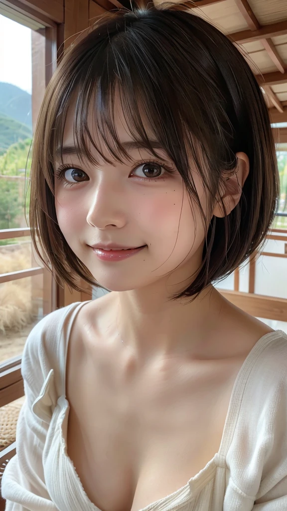 highest quality, Soft Light, (Depth of written boundary) ,Ultra-high resolution, (Realistic:1.4), RAW Photos, (Portraiture:1.4) ,Japanese girl, alone, cute, (shy, smile:1.1), (Brown eyes), Beautiful face in every detail, (short_hair),whole body,Sitting on a chair