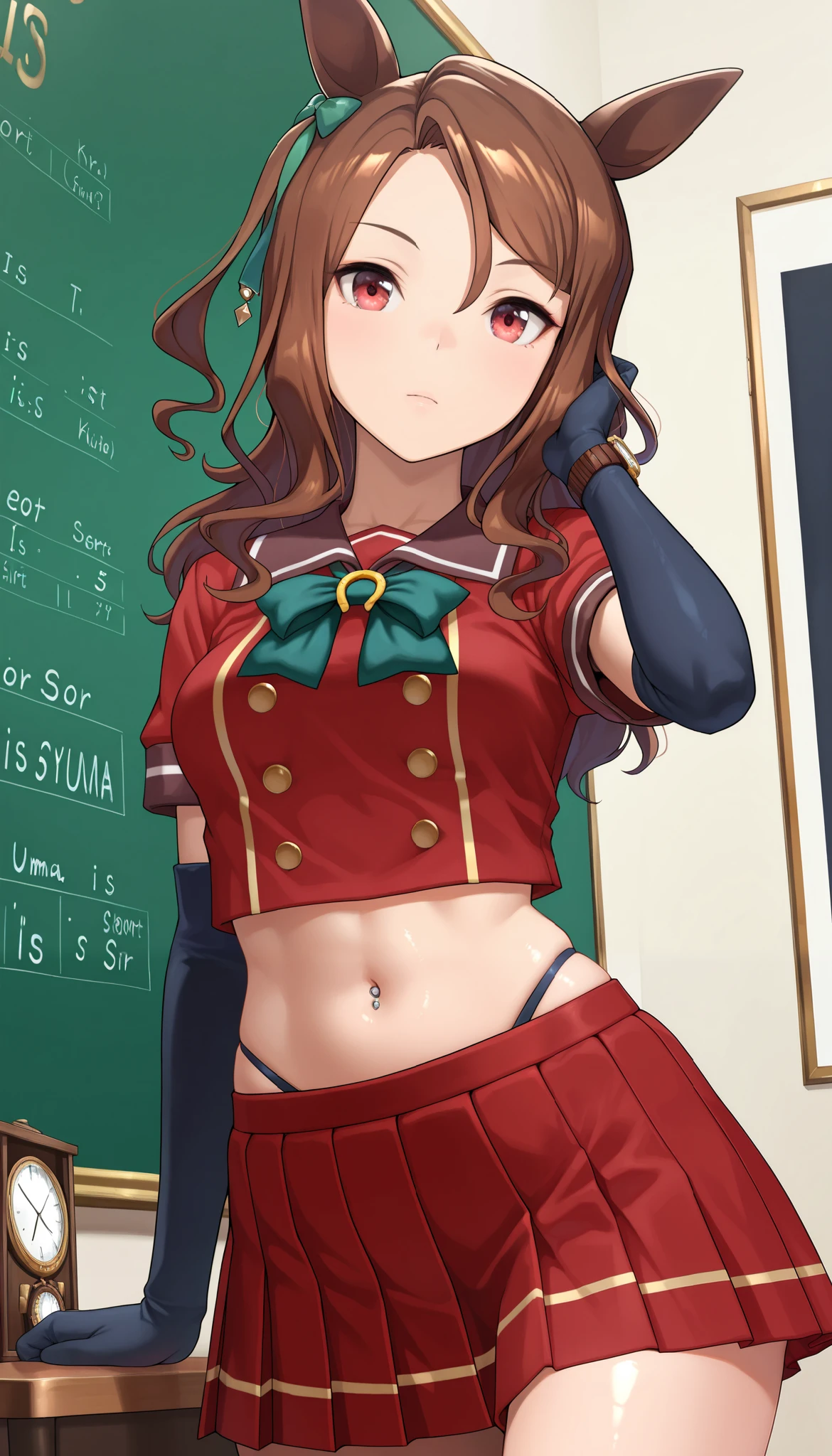( masterpiece), (TOP QUALITY), (Ultra High Definition), great quality, very aesthetic, 's illustration , perfect configuration, intricate details, is ridiculous, incredibly is ridiculous, shiny skin that is creating, realistic, , King Halo (Uma Musume), 1 girl, horse ears, Mahogany, watch viewers, school uniform,, bow tie,Chest,eyeliner, long hair,big hips, elbow gloves , Hand in Hair, piercing above spo,belly button,earrings, Floral ,high leg thong, skirt、15-year-old girl、(is short:1.5)