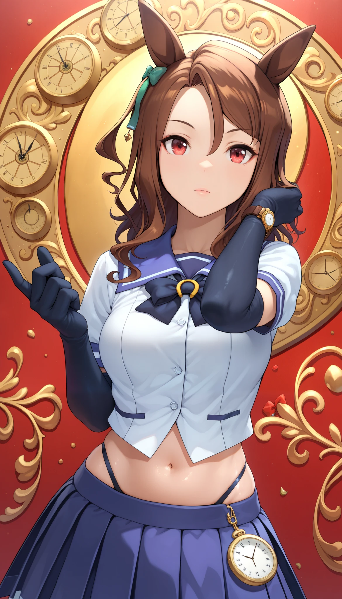 ( masterpiece), (TOP QUALITY), (Ultra High Definition), great quality, very aesthetic, 's illustration , perfect configuration, intricate details, is ridiculous, incredibly is ridiculous, shiny skin that is creating, realistic, , King Halo (Uma Musume), 1 girl, horse ears, Mahogany, watch viewers, school uniform,, bow tie,Chest,eyeliner, long hair,big hips, elbow gloves , Hand in Hair, piercing above spo,belly button,earrings, Floral ,high leg thong, skirt、15-year-old girl、(is short:1.5)