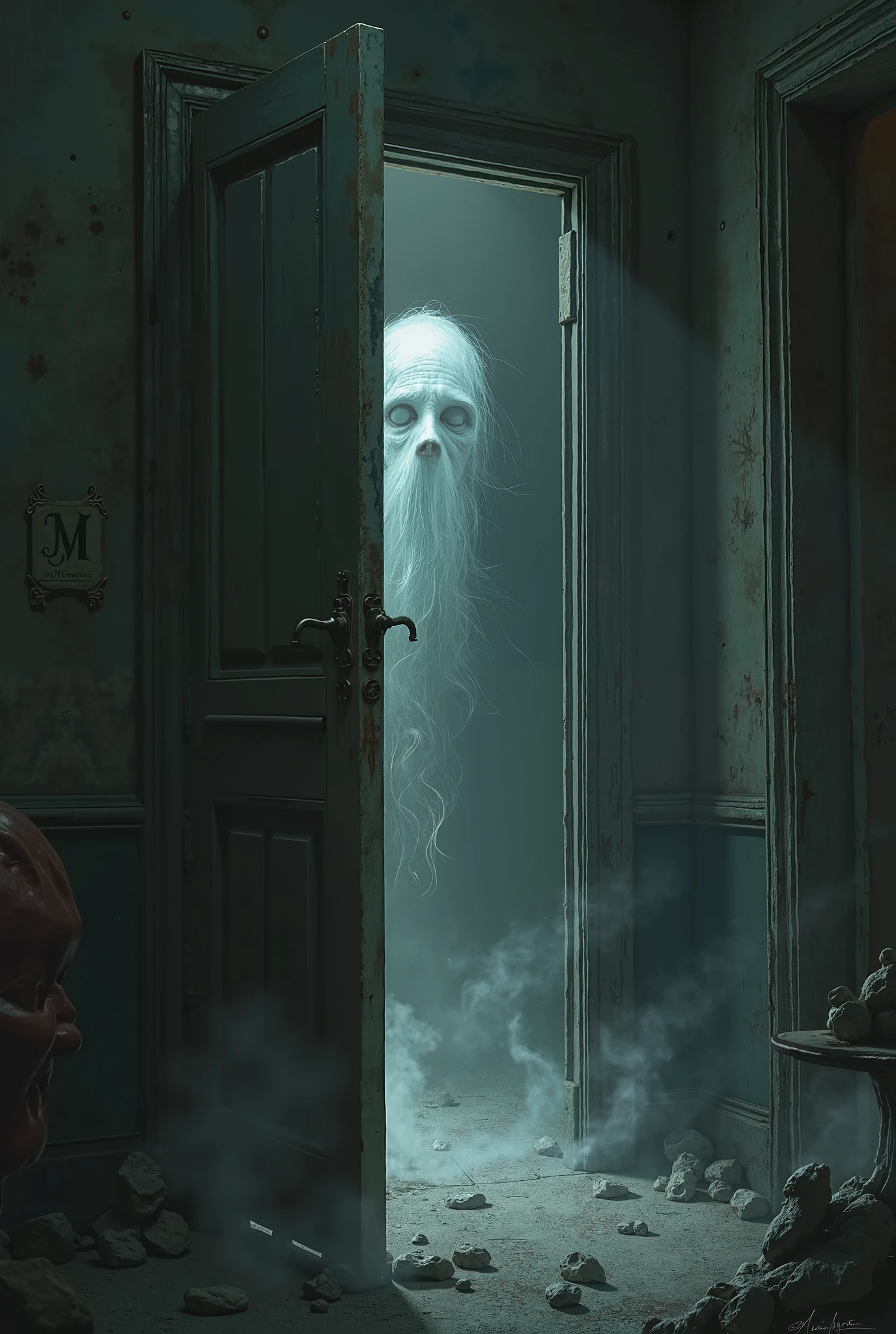 a floating head ghost with long hair,scary face,lurking at the door in night time,UHD,8k,dynamic lighting,hyper fidelity,surrealisme,intricate detail,
