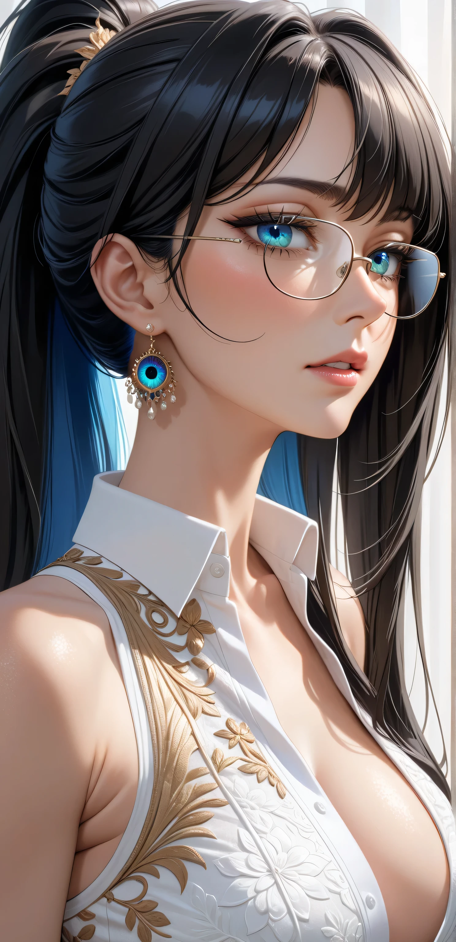 Close up, Random Sexy pose , ((Ultra detailing)), milf, ((elegant mature women)), ((very aesthetic, best quality, ultra detailed)), intricate details, 1girl, ((long hair, Black hair, ponytail, blue inner hair)), ((Multi colour eyes)), ((Detailed eyes)), ((Beautifull eyes)), ((prefect eyes)), ((Ultra detailing eyes)) ,Medium breast, sharp jawline, long hair,((Collar shirt, sexy glasses)),