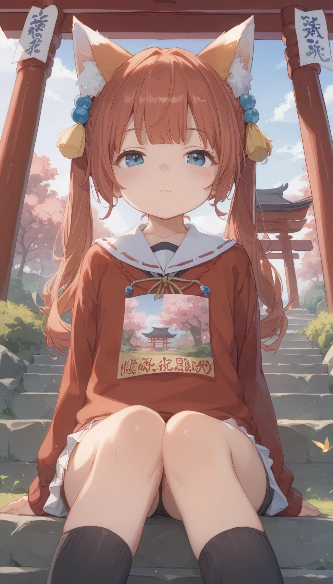 Pretty Strong Makeover 、 cute anime girl with a small face and 、 it's cute キツネの耳の女の子、 fox ears、 the royal family 、夢のように it's cute 、 it's cute 、 expressionless、 simple oversized pullover 、 black knee-high socks 、 poster style 、flat-colors、 Carefully calculated 、 arranged motifs 、HIGH QUALITY DESIGN 、 kitschy aesthetics 、Inari Shrine、torii、