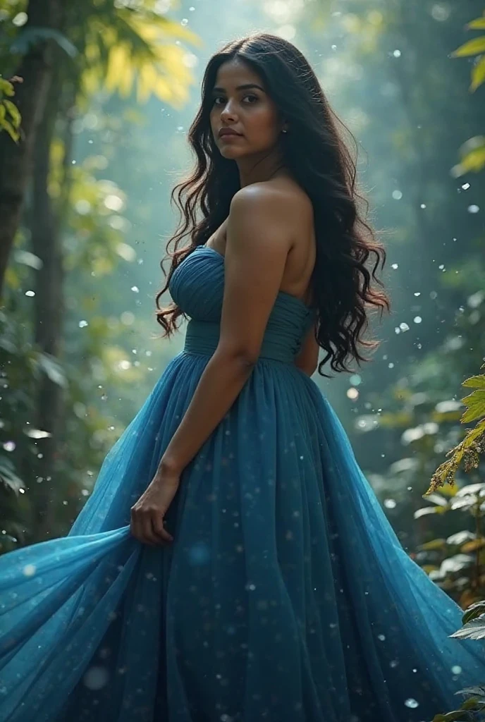 Beautiful indian woman posing, straight photoshoot pose, full body portrait, moonlit night, night time, winter, walking on forest path, detailed face, cute, big eyes, iconic, photorealistic, mountain temple, detailed background, big breasts, sexy thin saree, long wavy hair, cleavage, symmetric face, masterpiece, 8k, ultra realistic