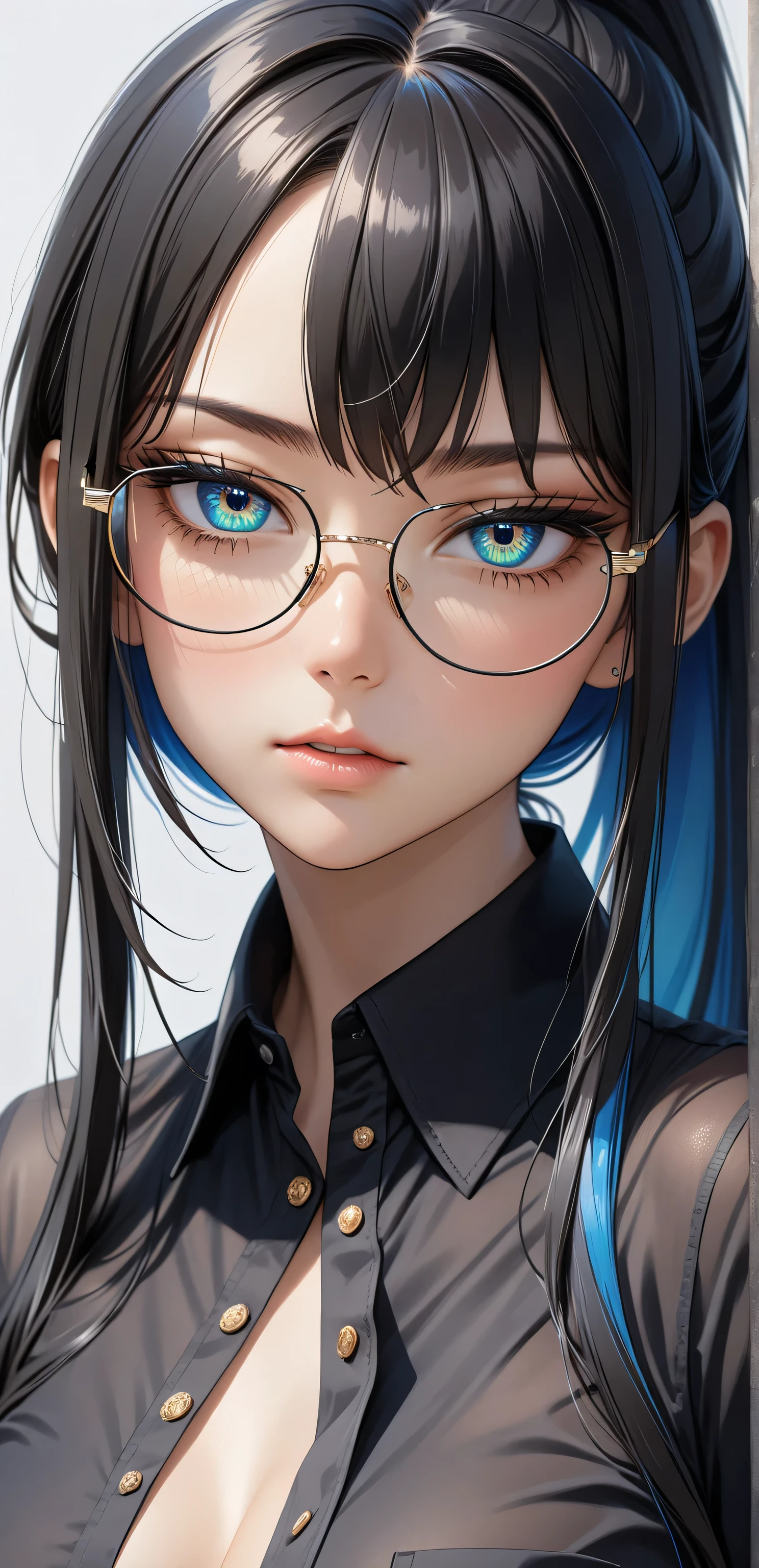 Close up, Random Sexy pose , ((Ultra detailing)), ((very aesthetic, best quality, ultra detailed)), intricate details, 1girl, ((long hair, Black hair, ponytail, blue inner hair)), ((Multi colour eyes)), ((Detailed eyes)), ((Beautifull eyes)), ((prefect eyes)), ((Ultra detailing eyes)) ,Medium breast, sharp jawline, long hair,((black Collared shirt, sexy glasses)),