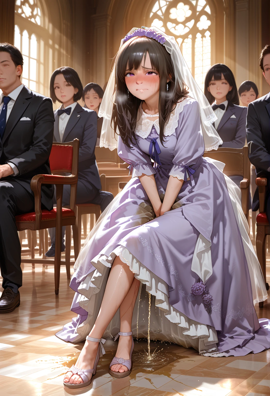 (Low angle shot), ((ruri gokou)), girl, alone, Hime cut, Black Hair, Mole under the eye, Long Hair, Noble woman, Confident expression, Gorgeous dress, crown, Ballroom, chandelier, Royal purple, Light and shadow contrast