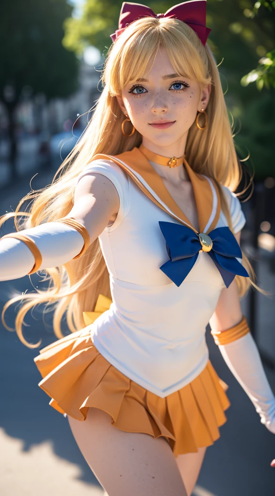 masterpiece, Highest quality, High resolution, Venus 1, One girl, alone, Sailor Warrior Uniform, Sailor Venus, aino minako, Blonde, Magical girl, blue eyes, Orange Skirt, Elbow hand pockets, tiara, Pleated skirt, Hair Ribbon, Orange sailor collar, mini skirt, choker, Red Bow, orange choker, White gloves, Very long hair,  jewelry,  Earrings, Cowboy Shot, smile,,More detailed 8K.Unreal Engine:1.4,超High resolution,La Highest quality:1.4, Realistic:1.4, Skin Texture:1.4, masterpiece:1.8,first work, Highest quality,Object Object], (Detailed facial features:1.3),(Fine hand:1.4),(Apocalyptic destroyed cityscape:1.4)
