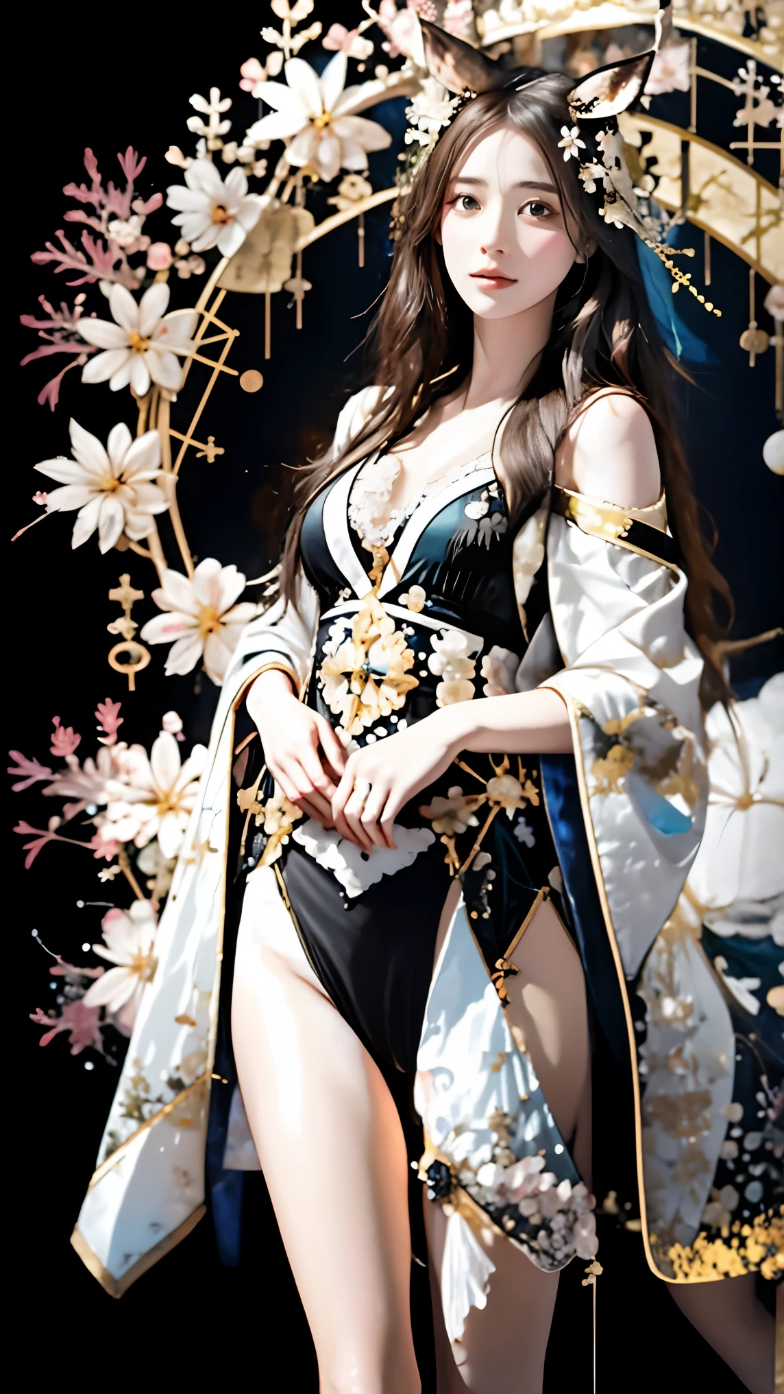 NijiCute, ((knee shot)), red lips, Mature woman, Exquisite makeup, Ethnic style, lifelike、The real situation、Warm colors, ((Realistically:1.5))、White phalaenopsis around the hair,Lilac dendrobium、White Lily、1 girl、Brown hair、Flowing hair、Full breasts, slim, Slender sexy legs, Striking an elegant pose, Flip the skirt, Bare shoulders, Have extremely beautiful facial features、Hairpin on head、Perfect hands、(night、moon、cliff)、 vector art、Chinese Contemporary Art、Soft Light、look down, correct, 解剖学correct