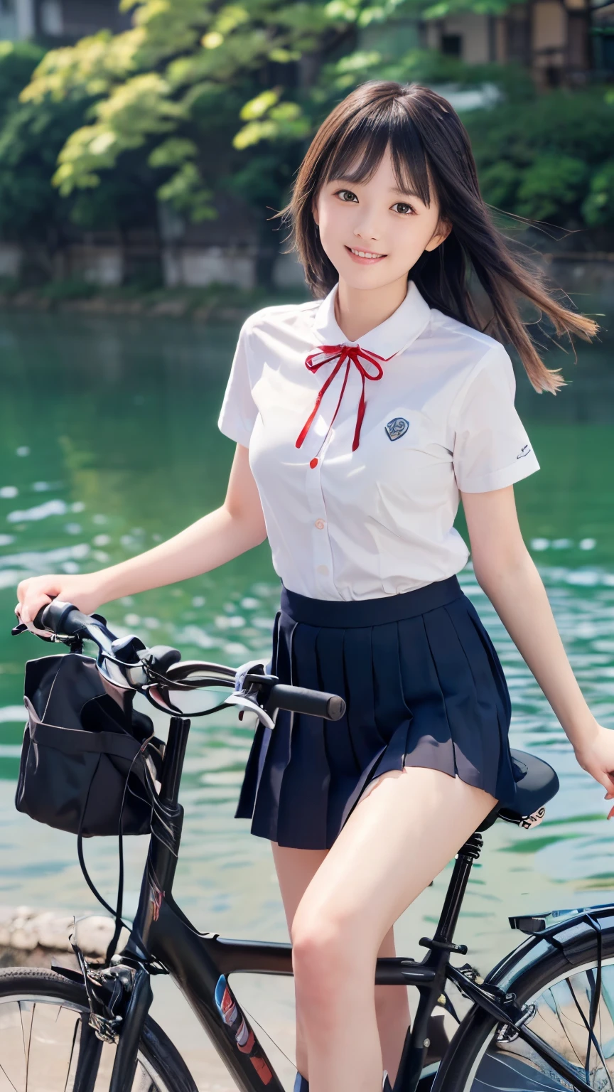 high school girl、uniform、mini skirt、See-through、Fluttering in the wind、cycling