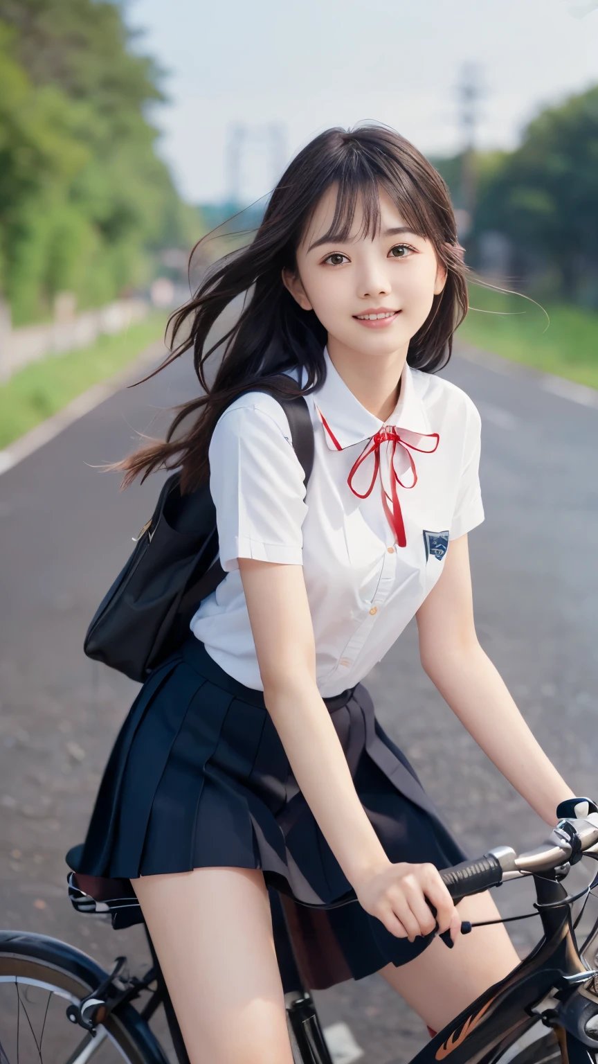(Close up face shot of one slender small breasts two side up black medium hair bangs girl in short sleeves white school uniform and black skirt with small smile:1.5)、(One girl is riding bicycle on the road along the river in Japan:1.5)、(Blue sky:1.5)、(blurred background:1.5)、(8k ultra detailed master piece:1.5)、(Natural lighting:1.5)、(perfect anatomy:1.5)、(Photorealistic stick:1.5)、(Raw photo:1.3)、(highest quality:1.5)、(High resolution:1.3)、(Delicate and beautiful perfect face:1.3)、(Delicate and beautiful eye air skin:1.3)、(Real Human Skin:1.3)、((thin legs))