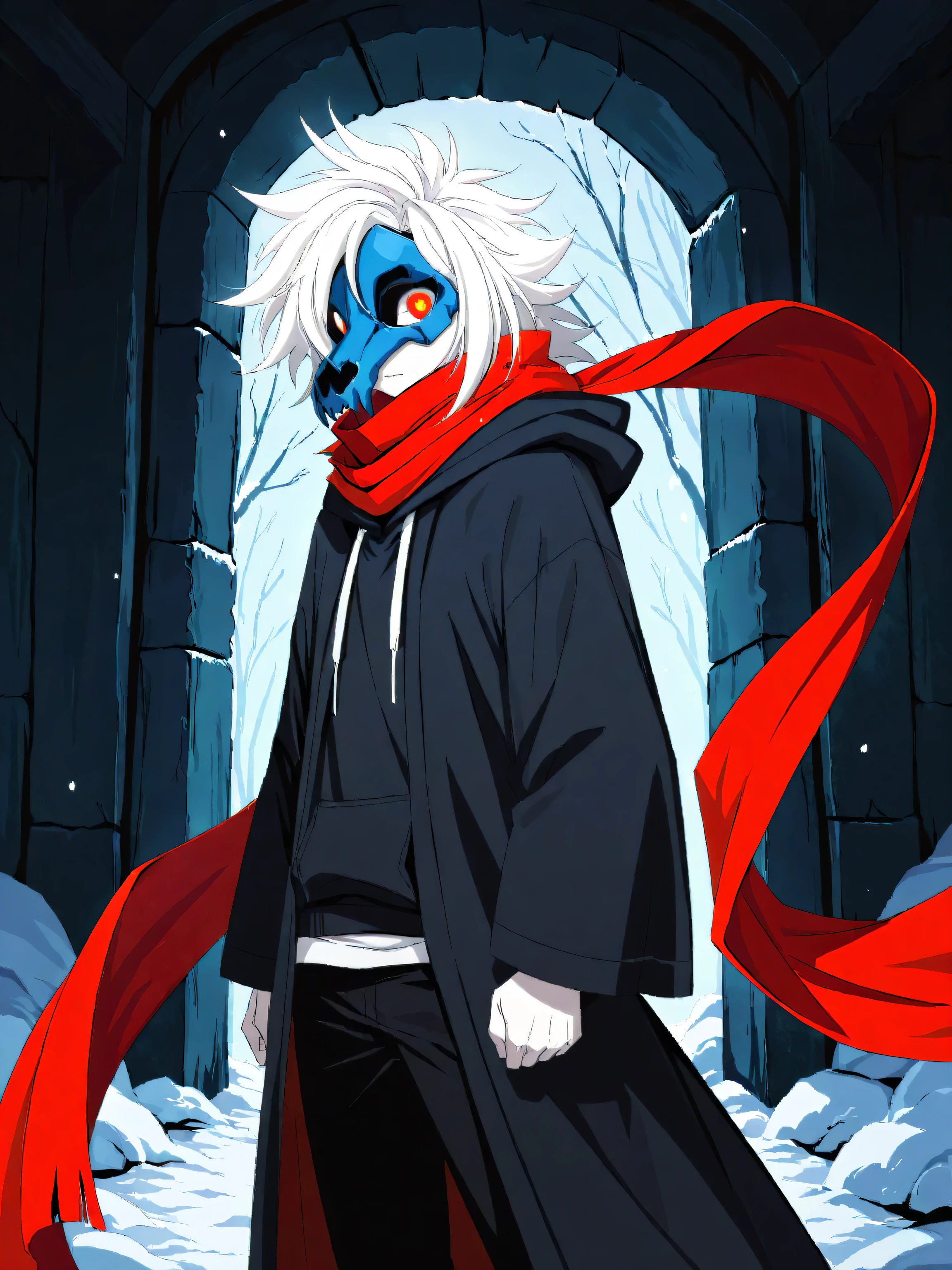 black hoodie, hoodie up, blue skull mask, white hair, red long scarf, tall, glowing yellow eyes, male, solo, standing, white skin, staring at viewer, snowy room, white large hair, fair skin, dark, black oversized robes, black pants, , best quality, amazing quality, highres, absurdres,score_9, score_8_up, score_7_up,source_anime,BREAK,masterpiece