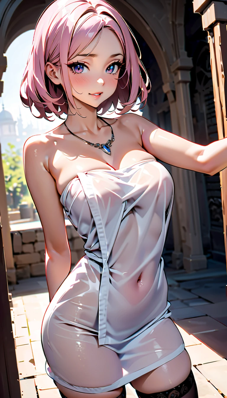 ((Highest quality, 8k, masterpiece :1.3)), (Sharp focus :1.2, Beautiful woman with perfect figure :1.4, Slim Abs :1.2), ((Big Breasts, Emphasize cleavage, The underboob is visible:1.3)), (Photorealistic:1.4), (realistic:1.4), (Pink Hair:1.5), Highly detailed face and skin texture, Fine grain, double eyelid. Makeup face, A little bit of lipstick, sex appeal, Sexy gravure pose, ((Pink blouse and white skirt。The background is the museum、night show。Accessory: silver necklace。:1.3), huge 
