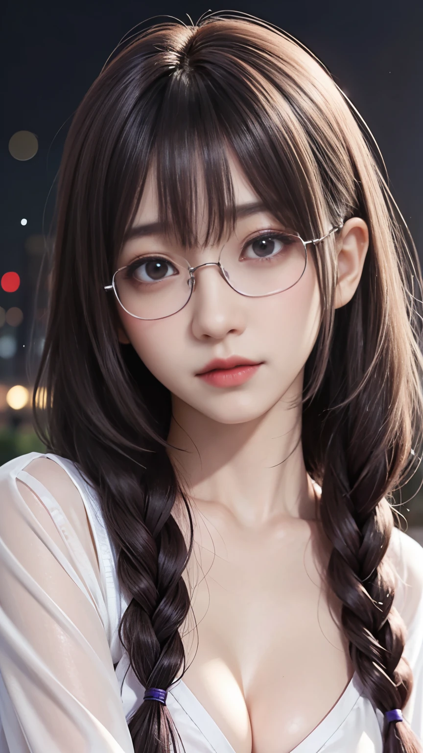 background(黒いnight空,Big Moon),Close-up of a woman,Wearing a white shirt、Purple Hair,Very long hair,very thick braids,Purple eyes,big ,((Glasses))、realistic girl rendering, 8k artistic german bokeh, Enchanting girl, Real Girl, Gurwitz, Gurwitz-style artwork, Girl Roleplay, Realistic 3D style, cgstation Popular Topics,, 8K Portrait Rendering,(truth,truth:1.4),Wear pink pajamas,巨big ,Sparkling eyes,Purple eyes、Captivating beauty、Attractive adult woman、Beautiful woman、Cool girl、evil female、brainwashingされた、brainwashing、Fallen into evil、Grin、邪evilな表現、邪evilな笑顔、evil、Brown Hair、Wavy Hair、Swept-apart bangs、Heavy makeup、Heavy makeup、Sharp Eye、Hollow Eyes,Half-closed eyes、Hollow Eyes、Purple Eyeshadow、Black lipstick、black lip gloss、Long black cheongsam、Wide sleeves、night、Spooky Fortressscape Brush、Compensate、Are standing、