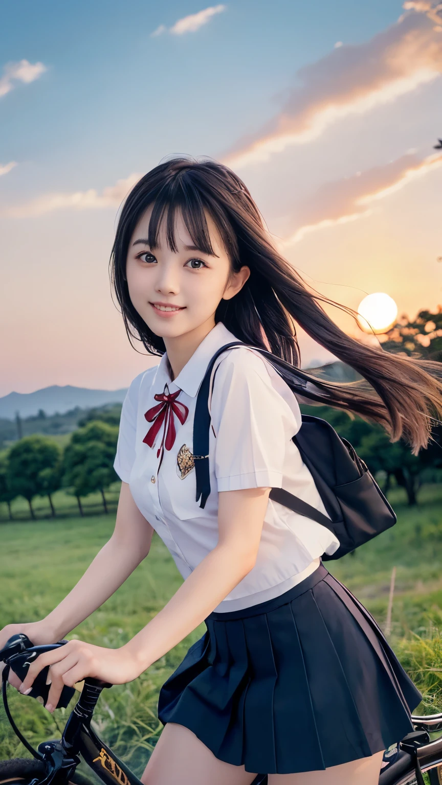 (Close up face shot of one slender small breasts two side up black medium hair bangs girl in short sleeves white school uniform and black skirt with small smile:1.5)、(One girl is riding bicycle on the rural town road in Japan:1.5)、(Beautiful sunset red sky:1.5)、(blurred background:1.5)、(8k ultra detailed master piece:1.5)、(Natural lighting:1.5)、(perfect anatomy:1.5)、(Photorealistic stick:1.5)、(Raw photo:1.3)、(highest quality:1.5)、(High resolution:1.3)、(Delicate and beautiful perfect face:1.3)、(Delicate and beautiful eye air skin:1.3)、(Real Human Skin:1.3)、((thin legs))