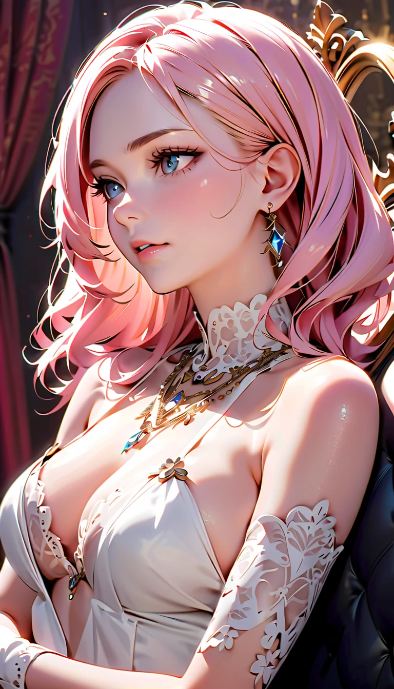 (masterpiece, best quality), intricate details, thin, ((slim)), beautiful girl, Light pink hair, white skin, light purple eyes, sharp jawline, Looking forward in serious, Dress  , messy hair, lips, upper body, smirk, Green background