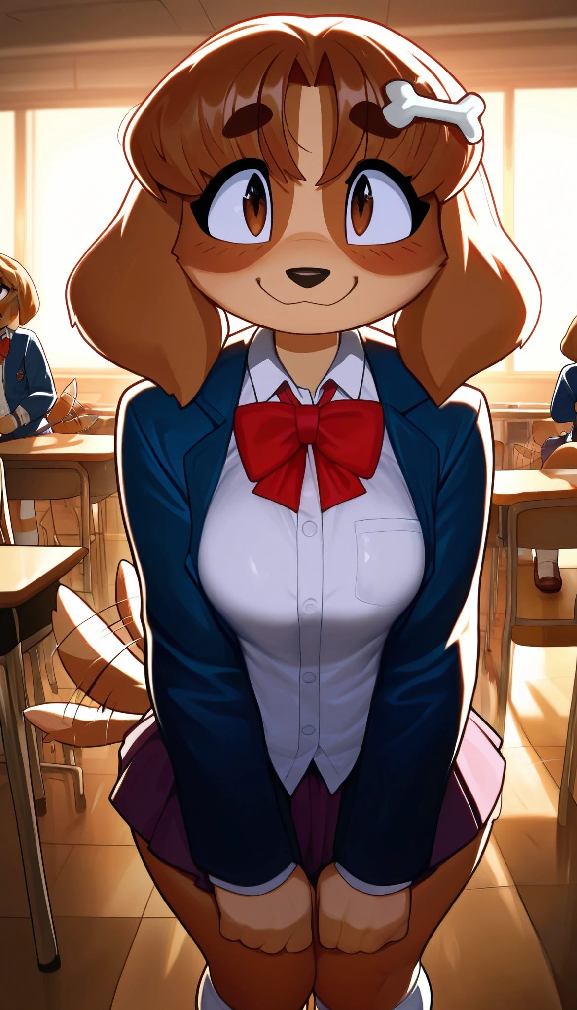 1girl, mugi, brown eyes, brown fur, bone hair ornament, tail wagging, furry female, cute eyes, cute smile, closed mouth, medium breasts, (18-year-old girl), school uniform, white socks, blue jacket, white shirt, red bowtie, brown footwear, miniskirt, collared shirt, long sleeves, close-up, upper body, female focus, contrast lighting, side lighting, masterpiece, best quality, newest, absurdres, highres, amazing quality, very aesthetic, classroom setting, standing, score_9, score_8_up, score_7_up, score_6_up, score_5_up, score_4_up