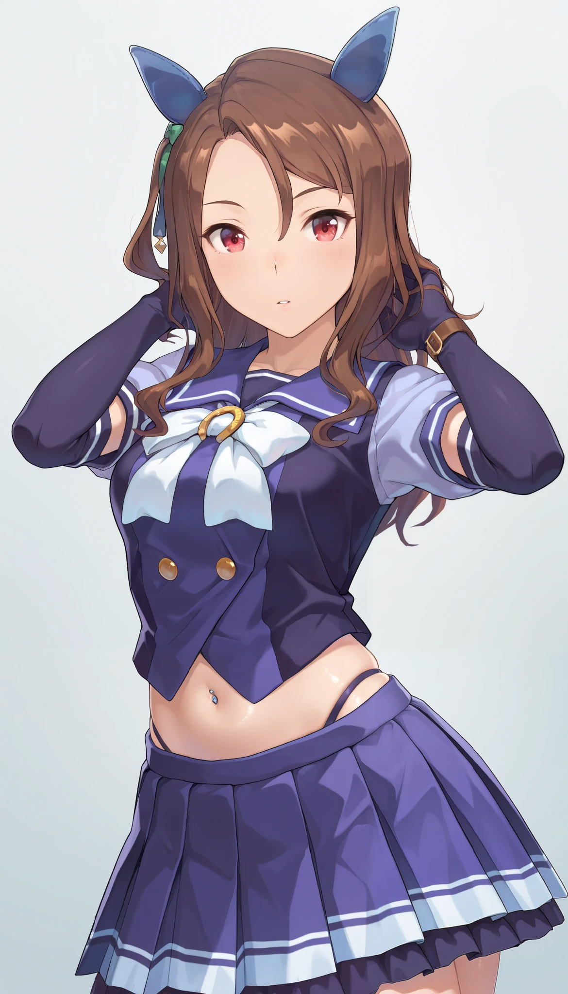 ( masterpiece), (TOP QUALITY), (Ultra High Definition), great quality, very aesthetic, 's illustration , perfect configuration, intricate details, is ridiculous, incredibly is ridiculous, shiny skin that is creating, realistic, , King Halo (Uma Musume), 1 girl, horse ears, Mahogany, watch viewers, school uniform,, bow tie,Chest,eyeliner, long hair,big hips, elbow gloves , Hand in Hair, piercing above spo,belly button,earrings, Floral ,high leg thong, skirt、-yeld gi(is short:1.5)