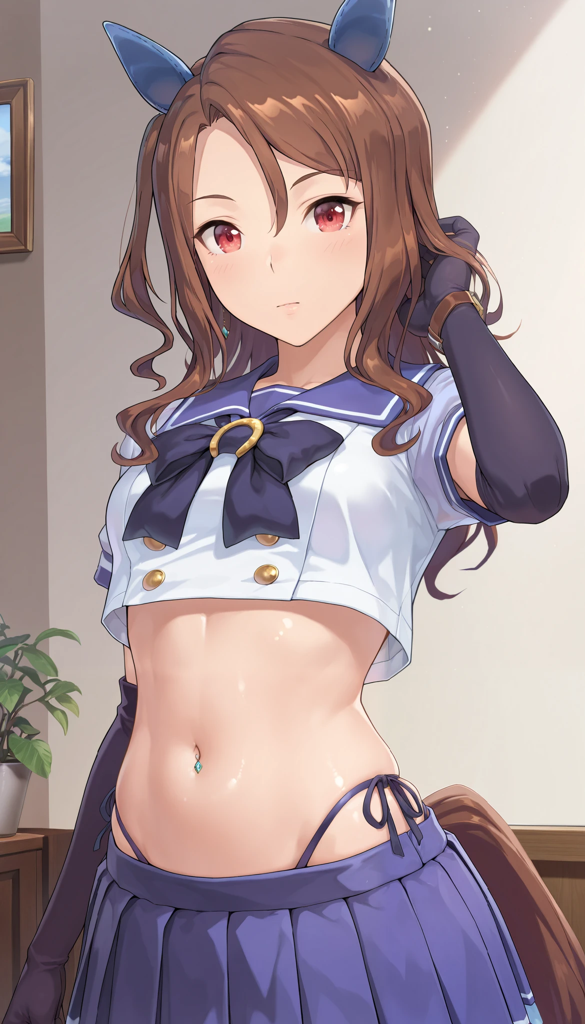 ( masterpiece), (TOP QUALITY), (Ultra High Definition), great quality, very aesthetic,  's illustration ,  perfect configuration, intricate details,  is ridiculous, incredibly  is ridiculous,  shiny skin that is creating, realistic, ,  King Halo (Uma Musume), 1 girl,  horse ears,  Mahogany, watch viewers, school uniform,, bow tie,Chest,eyeliner, long hair,big hips, elbow gloves , Hand in Hair, piercing above spo,belly button,earrings, Floral ,high leg thong, skirt、-yeld gi(is short:1.5)
