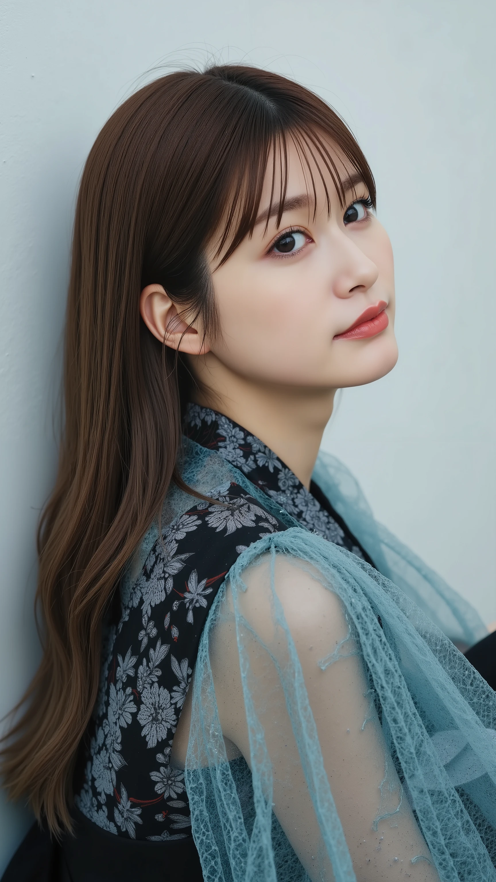 a high resolution photograph of a Japanese young woman, (photo-realistic, realistic, masterpiece, best quality), Intricate details, extremely detailed, ultra high definition, 8k, film grain, lens flare glow, sharp focus, professional lighting, profile, solo, 1girl, straight long glossy hair with bangs, smile, seductive, beautiful, cute, looking at the viewer, detailed face, detailed eyes, sophisticated nose, (detailed clothes features),