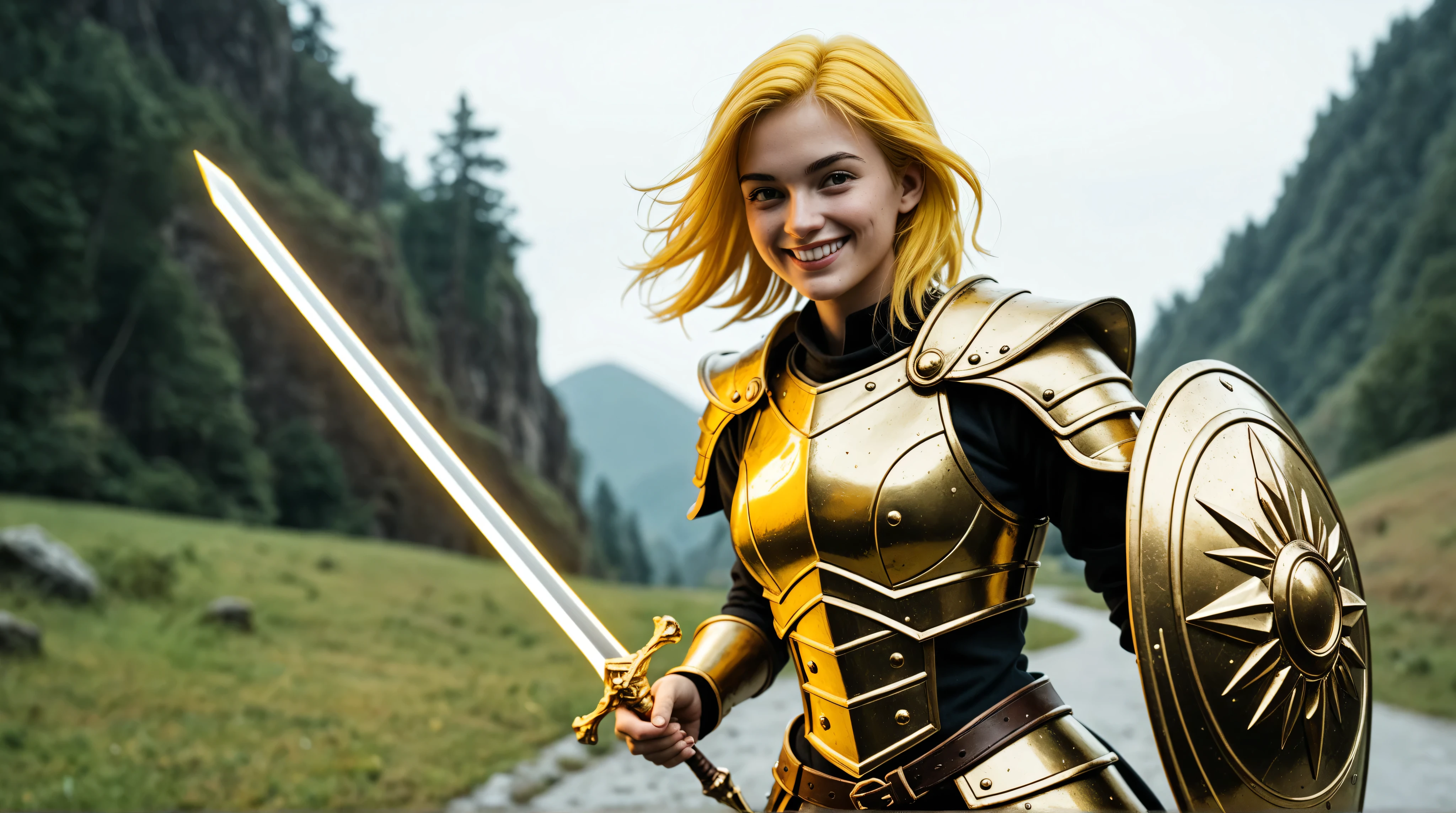 Draw only one character in the image. best quality, Alone, フラット color, color, a girl with long yellow hair. She is wearing a golden armor with a long glowing sword and a small shield. She is standing in a cute and confident pose, facing forward with a big, cheerful smile. The background is a plain yellow, making her the central focus of the image.