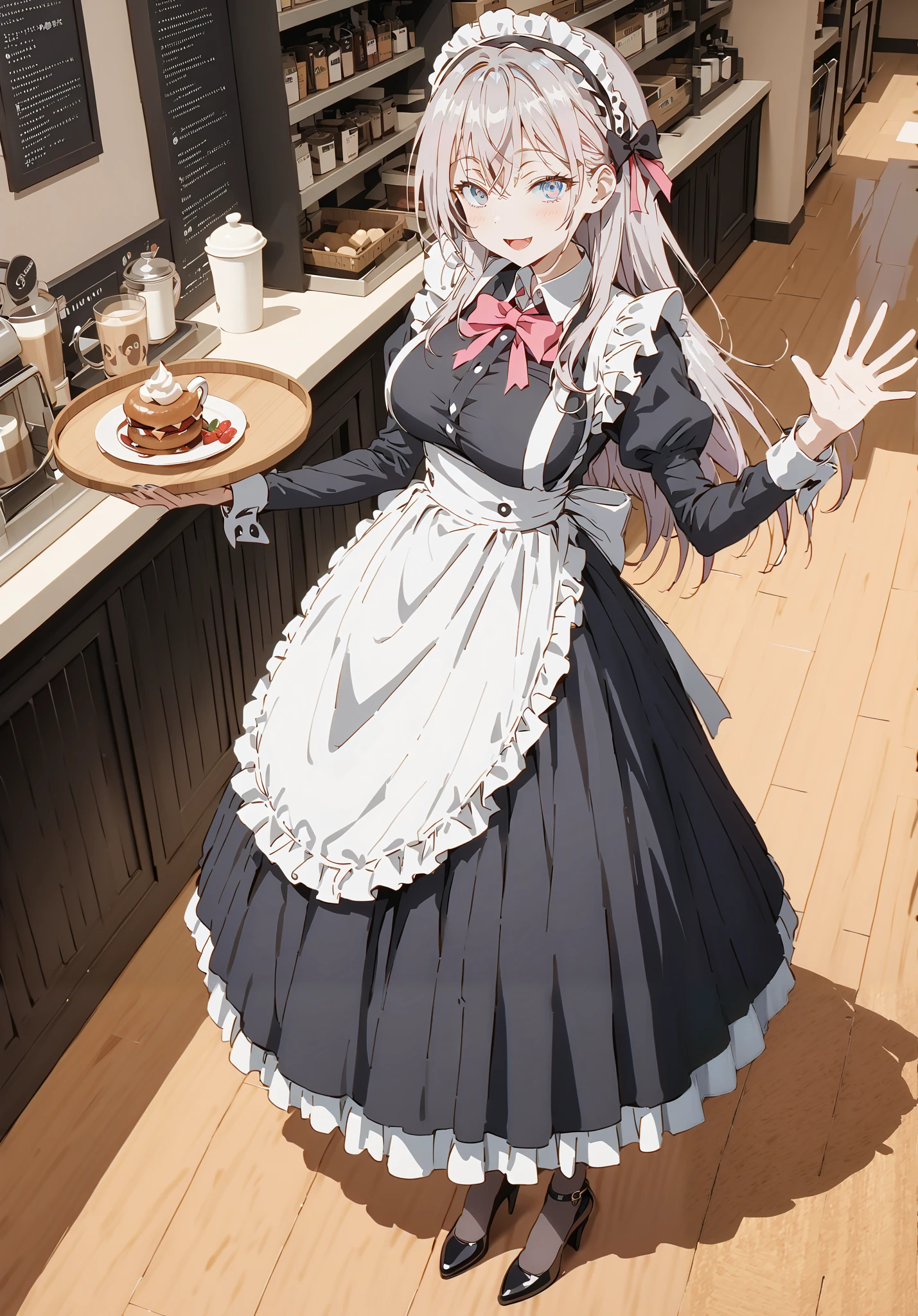 score_9, score_8_up, score_7_up, source_anime, Alisa Mikhailovna Kujo,Alone, long hair, bangs, blue eyes, hair bow, stupid hair, gray hair, smile,blush,open your mouth,Big Breasts,Maid服, Black long skirt, black pantyhose, stiletto heels,Maid head ドレス, Maid apron, Maid Dress,Maid, Maid outfit,Tray, Tray in one hand,standing,full bodyがイラストに入るように, break indoors, coffee shop,
break looking at viewer,full body,
break (masterpiece:1.2),TOP QUALITY , kampala, Unity 8K Wallpaper ,(shape:0.8),( fine, beautiful eyes :1.6),It's a person ,full body写真,CG Details , ( perfect hands,Complete Anatomy),