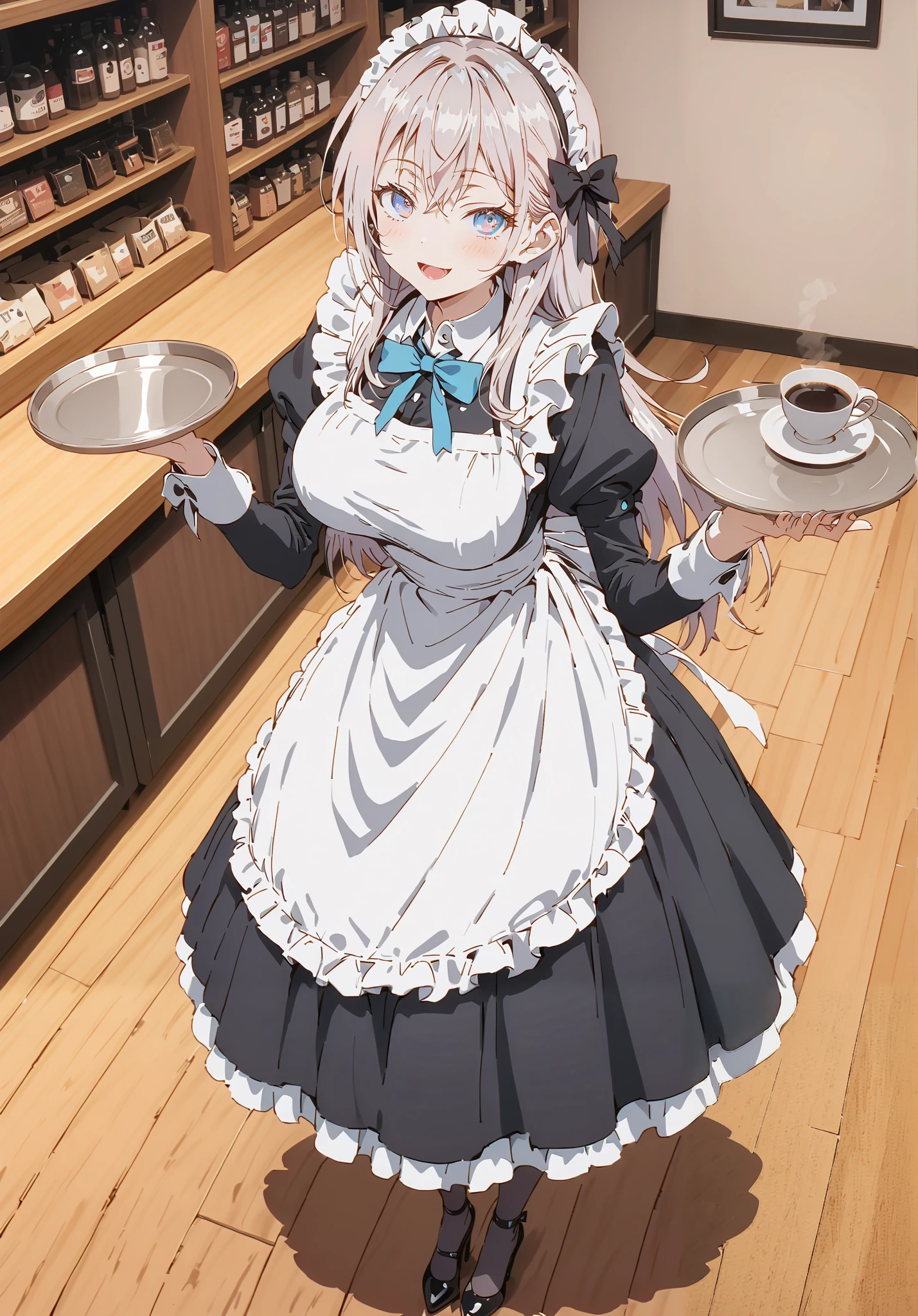 score_9, score_8_up, score_7_up, source_anime, Alisa Mikhailovna Kujo,Alone, long hair, bangs, blue eyes, hair bow, stupid hair, gray hair, smile,blush,open your mouth,Big Breasts,Maid服, Black long skirt, black pantyhose, stiletto heels,Maid head ドレス, Maid apron, Maid Dress,Maid, Maid outfit,Tray, Tray in one hand,standing,full bodyがイラストに入るように, break indoors, coffee shop,
break looking at viewer,full body,
break (masterpiece:1.2),TOP QUALITY , kampala, Unity 8K Wallpaper ,(shape:0.8),( fine, beautiful eyes :1.6),It's a person ,full body写真,CG Details , ( perfect hands,Complete ),