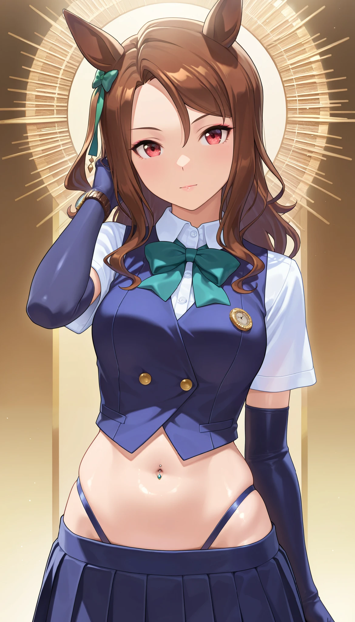 ( masterpiece), (TOP QUALITY), (Ultra High Definition), great quality, very aesthetic, 's illustration , perfect configuration, intricate details, is ridiculous, incredibly is ridiculous, shiny skin that is creating, realistic, , King Halo (Uma Musume), 1 girl, horse ears, Mahogany, watch viewers, school uniform,, bow tie,Chest,eyeliner, long hair,big hips, elbow gloves , Hand in Hair, piercing above spo,belly button,earrings, Floral ,high leg thong, skirt、-yeld gi(is short:1.5)