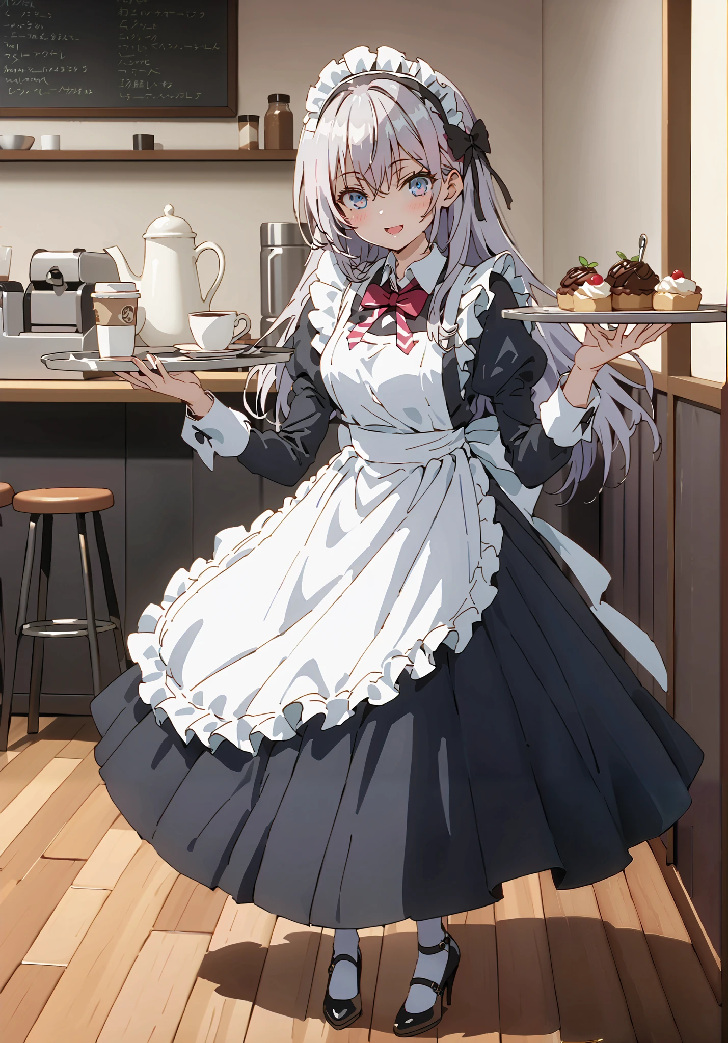 score_9, score_8_up, score_7_up, source_anime, Alisa Mikhailovna Kujo,Alone, long hair, bangs, blue eyes, hair bow, stupid hair, gray hair, smile,blush,open your mouth,Big Breasts,Maid服, Black long skirt, black pantyhose, stiletto heels,Maid head ドレス, Maid apron, Maid Dress,Maid, Maid outfit,Tray, Tray in one hand,standing,full bodyがイラストに入るように, break indoors, coffee shop,
break looking at viewer,full body,
break (masterpiece:1.2),TOP QUALITY , kampala, Unity 8K Wallpaper ,(shape:0.8),( fine, beautiful eyes :1.6),It's a person ,full body写真,CG Details , ( perfect hands,Complete Anatomy),
