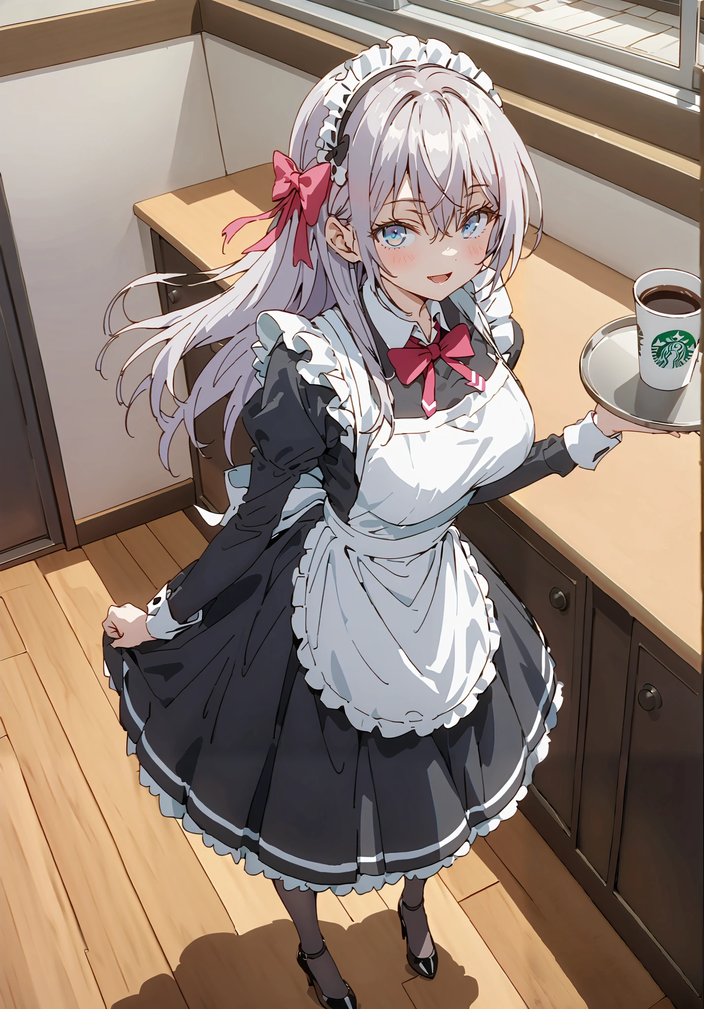  score_9,  score_8_up,  score_7_up,  source_anime,  Alisa Mikhailovna Kujo,Alone,  long hair, bangs,  blue eyes,  hair bow, stupid hair, gray hair, smile,blush,open your mouth,Big Breasts,Maid服, Black long skirt, black pantyhose, stiletto heels,Maid head ドレス, Maid apron, Maid Dress,Maid, Maid outfit,Tray, Tray in one hand,standing,full bodyがイラストに入るように,                                               break indoors, coffee shop,
break looking at viewer,full body,
break (masterpiece:1.2),TOP QUALITY , kampala, Unity 8K Wallpaper ,(shape:0.8),(  fine, beautiful eyes  :1.6),It's a person ,full body写真,CG Details , ( perfect hands,Complete Anatomy),