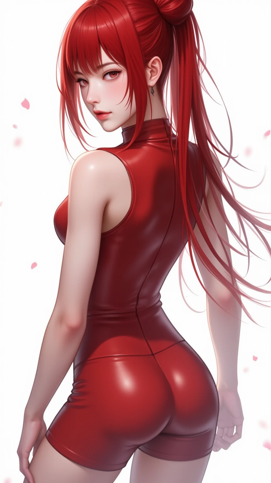 monika, green eyes, very long hair, ponytail