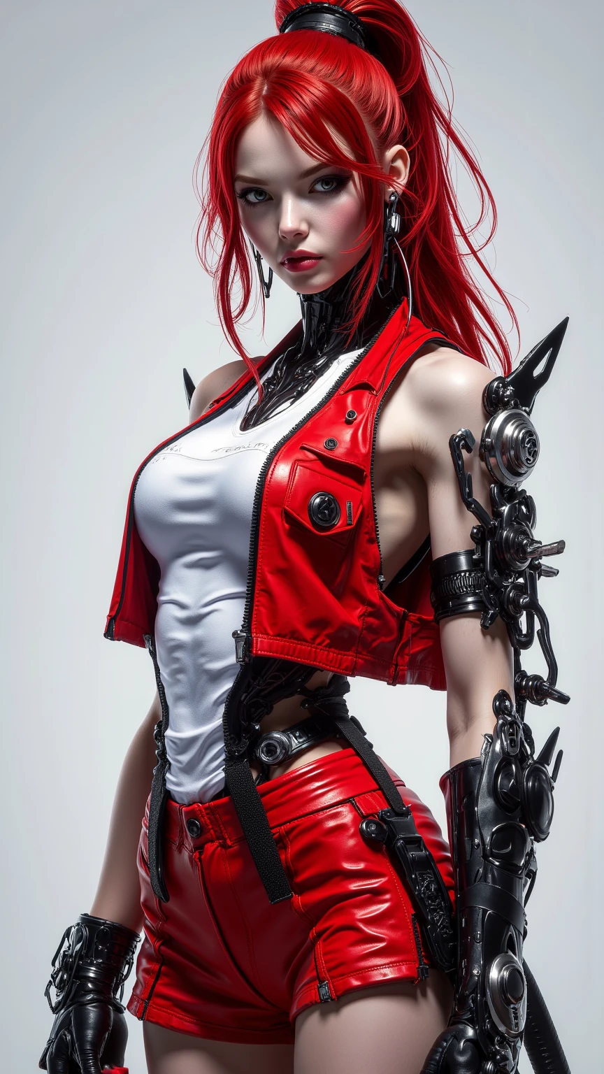 ((facing forward and looking at the camera)), A painting of a woman wearing a corset with spikes around her chest, Holy Cyborg Necromancer Girl, Woman in red armor, Dominant Assassin Robot, Evil Princess of the Wasteland, Very beautiful berserker woman, fleshy - cyborg - zombie, no more heroes Concept Art, Devil May Cry's V appears as an elf, Bloody + Concept Art, facing forward and looking at the camera