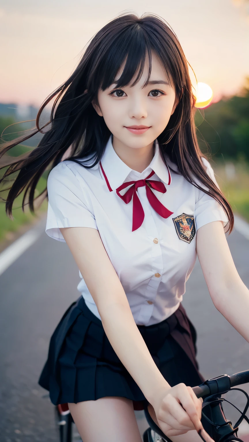 (Close up face shot of one slender small breasts two side up black medium hair bangs girl in short sleeves white school uniform and black skirt with small smile:1.5)、(One girl is riding bicycle on the rural town road in Japan:1.5)、(Beautiful sunset red sky:1.5)、(blurred background:1.5)、(8k ultra detailed master piece:1.5)、(Natural lighting:1.5)、(perfect anatomy:1.5)、(Photorealistic stick:1.5)、(Raw photo:1.3)、(highest quality:1.5)、(High resolution:1.3)、(Delicate and beautiful perfect face:1.3)、(Delicate and beautiful eye air skin:1.3)、(Real Human Skin:1.3)、((thin legs))