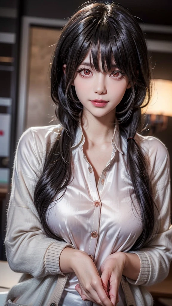 woman, clothes red, big , red eye, in modern house.