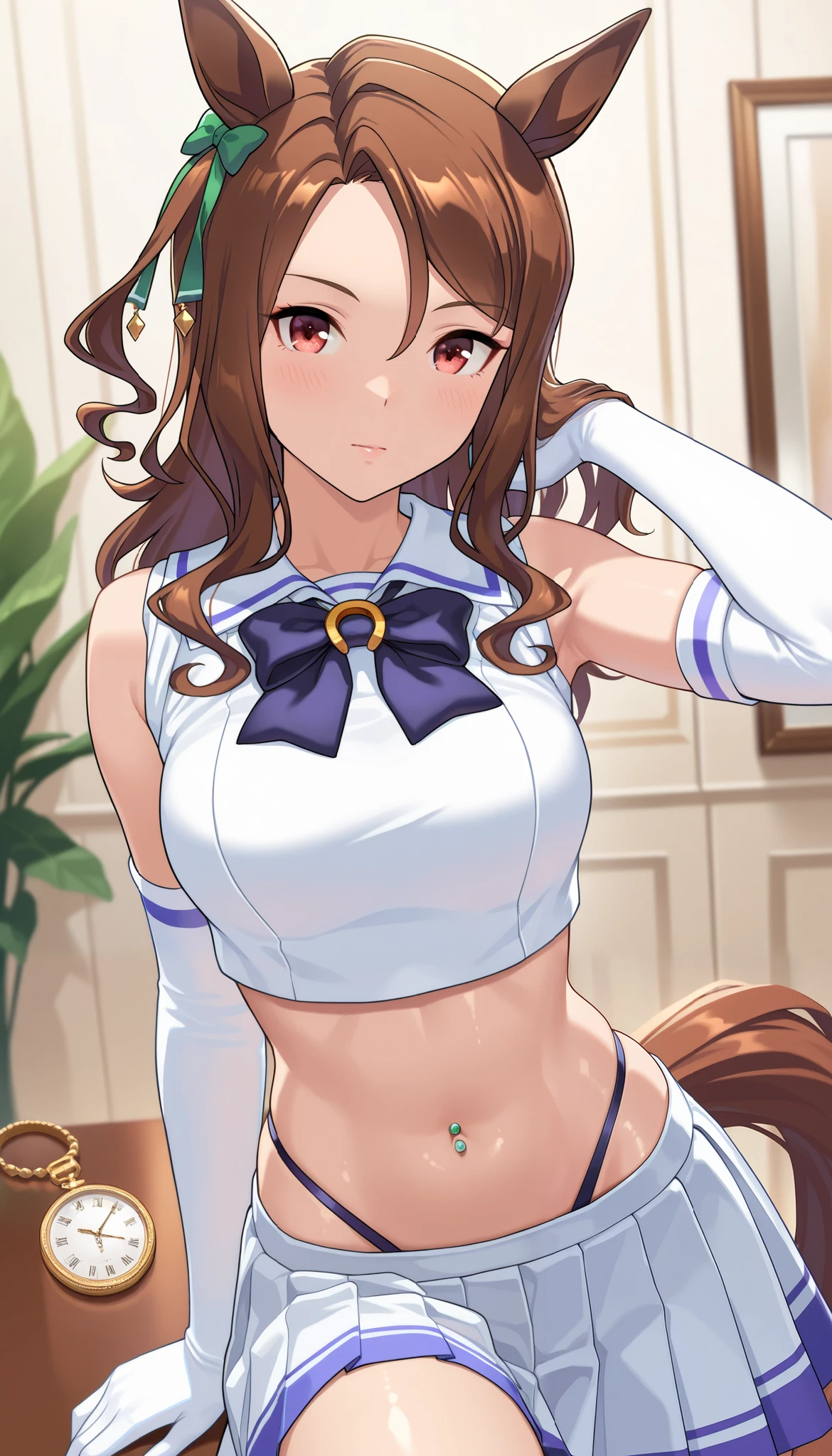 ( masterpiece), (TOP QUALITY), (Ultra High Definition), great quality, very aesthetic, 's illustration , perfect configuration, intricate details, is ridiculous, incredibly is ridiculous, shiny skin that is creating, realistic, , King Halo (Uma Musume), 1 girl, horse ears, Mahogany, watch viewers, school uniform,, bow tie,Chest,eyeliner, long hair,big hips, elbow gloves , Hand in Hair, piercing above spo,belly button,earrings, Floral ,high leg thong, skirt、-yeld gi(is short:1.5)